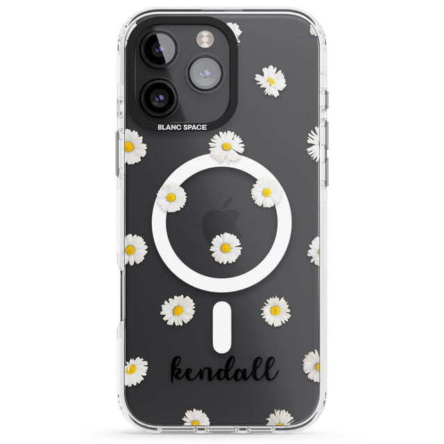 iPhone 16 Pro Max Personalised White Daisies & Cursive Black Impact Phone Case