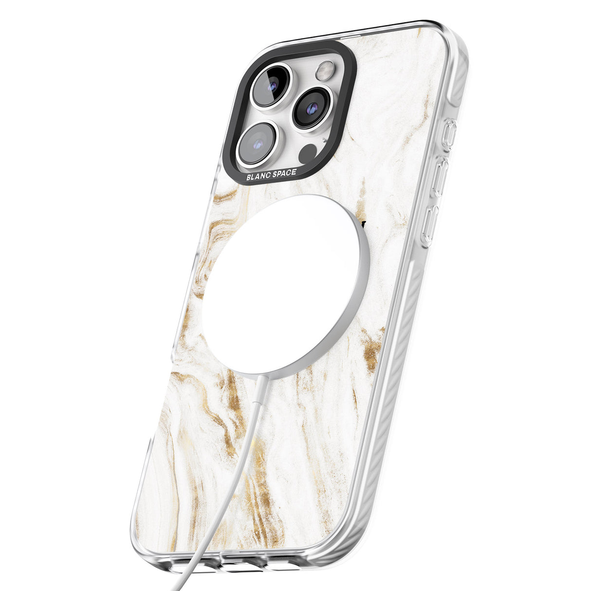 iPhone 16 Pro Max Personalised White & Gold Swirl Marble Black Impact Phone Case