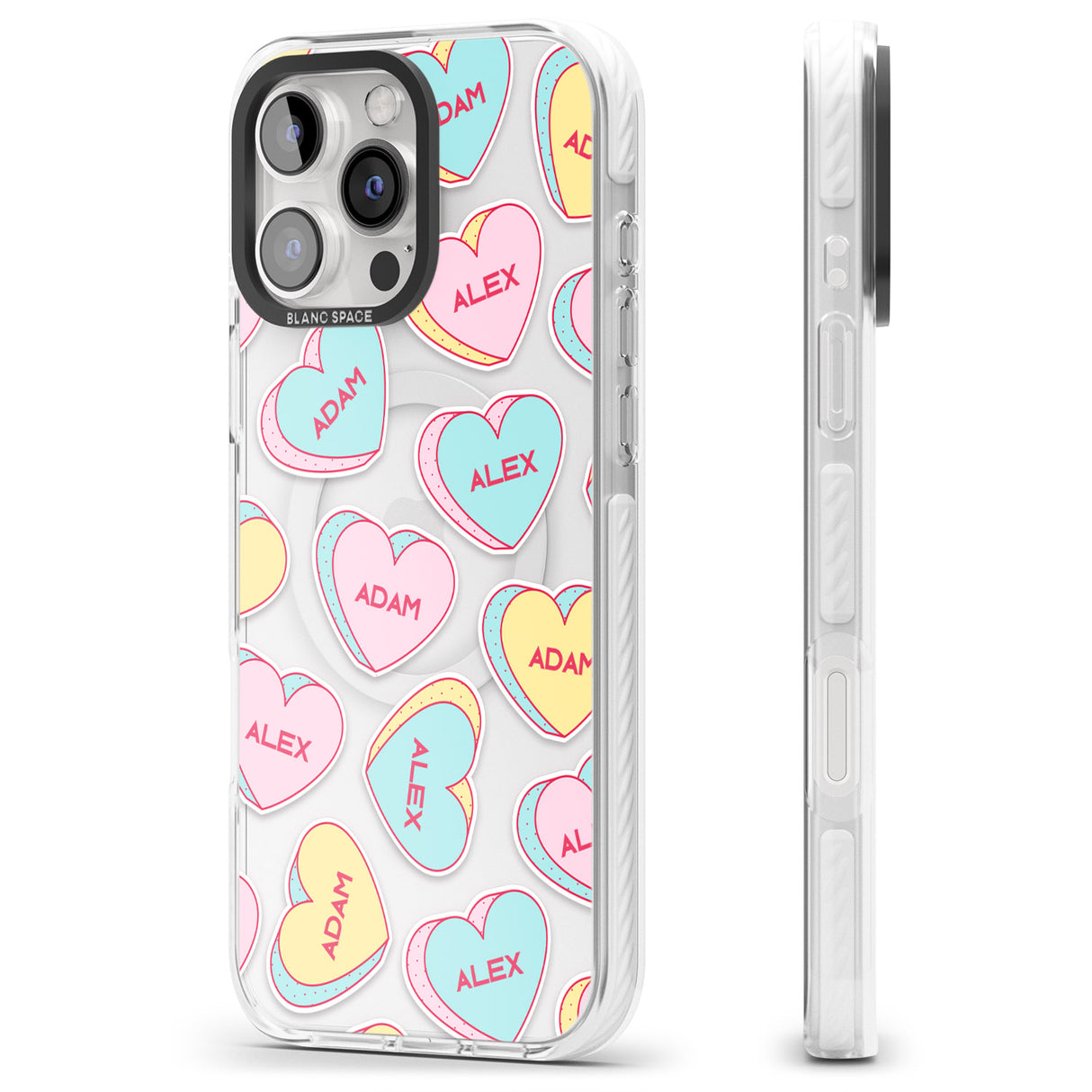 iPhone 16 Pro Max Personalised Text Love Hearts Black Impact Phone Case