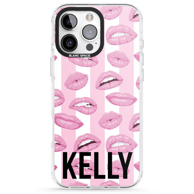 iPhone 16 Pro Max Personalised Pink Stripes & Lips Black Impact Phone Case