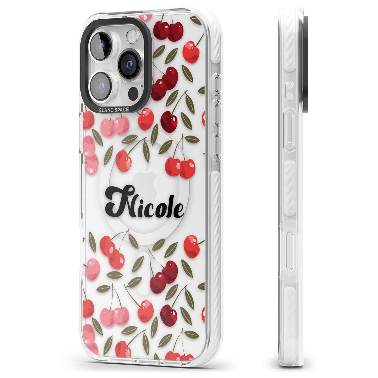 iPhone 16 Pro Max Personalised Cherry Pattern Black Impact Phone Case + Magsafe