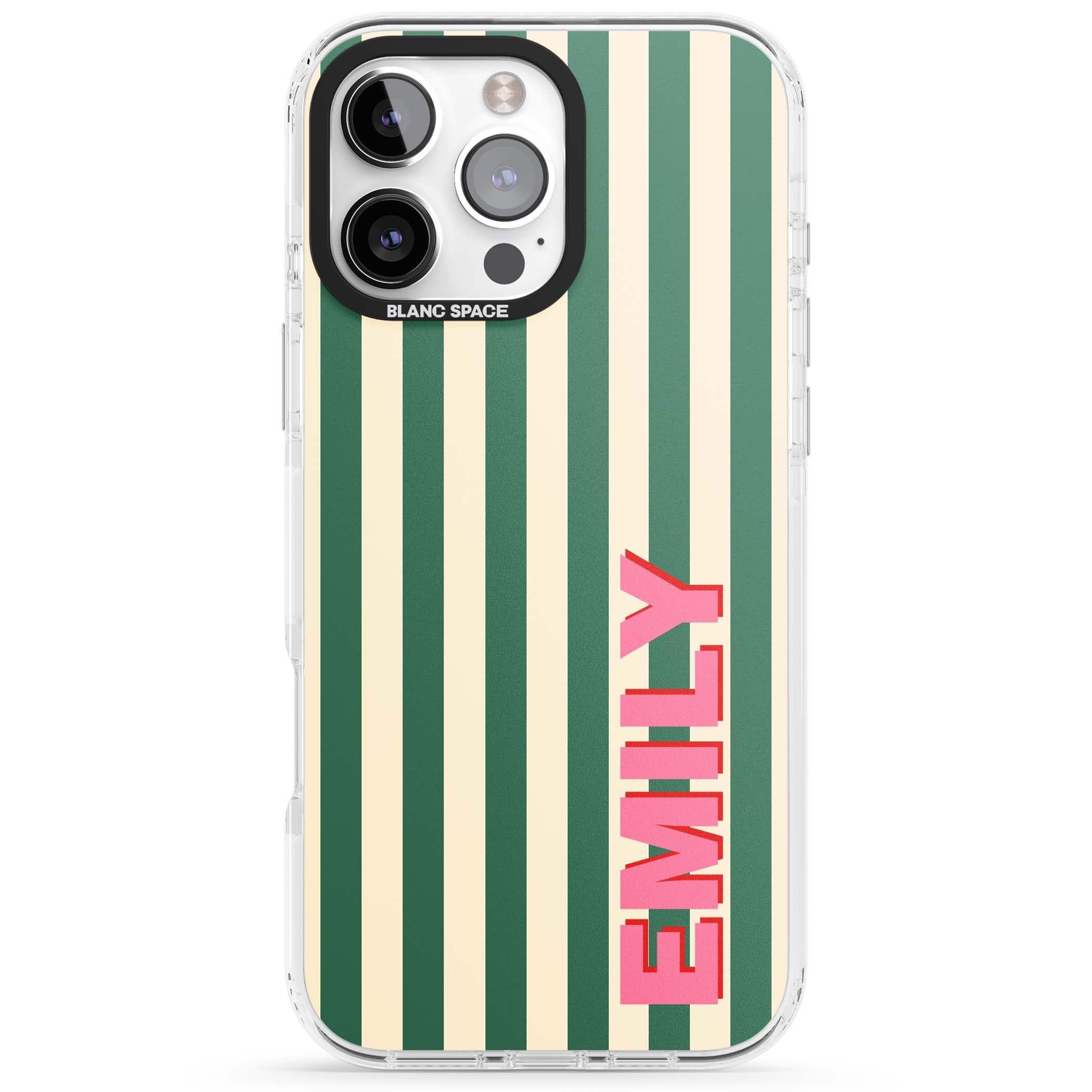 Wimbledon Stripe preppy iPhone case featuring green and cream vertical stripes with a personalised pink name | Impact Magsafe case for iPhone 16 Pro, iPhone 16 Pro Max