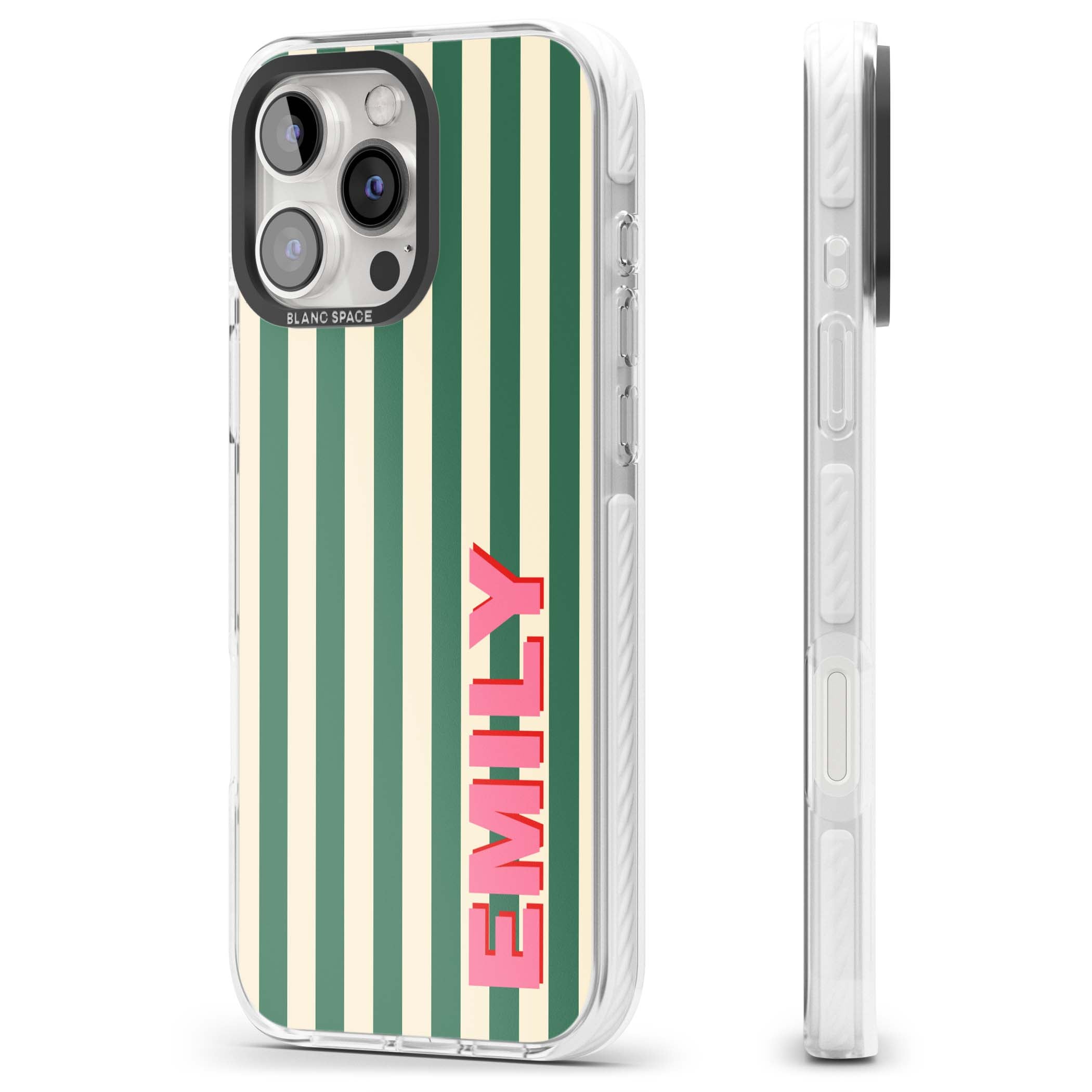 Wimbledon Stripe preppy iPhone case featuring green and cream vertical stripes with a personalised pink name | Impact Magsafe case for iPhone 16 Pro, iPhone 16 Pro Max