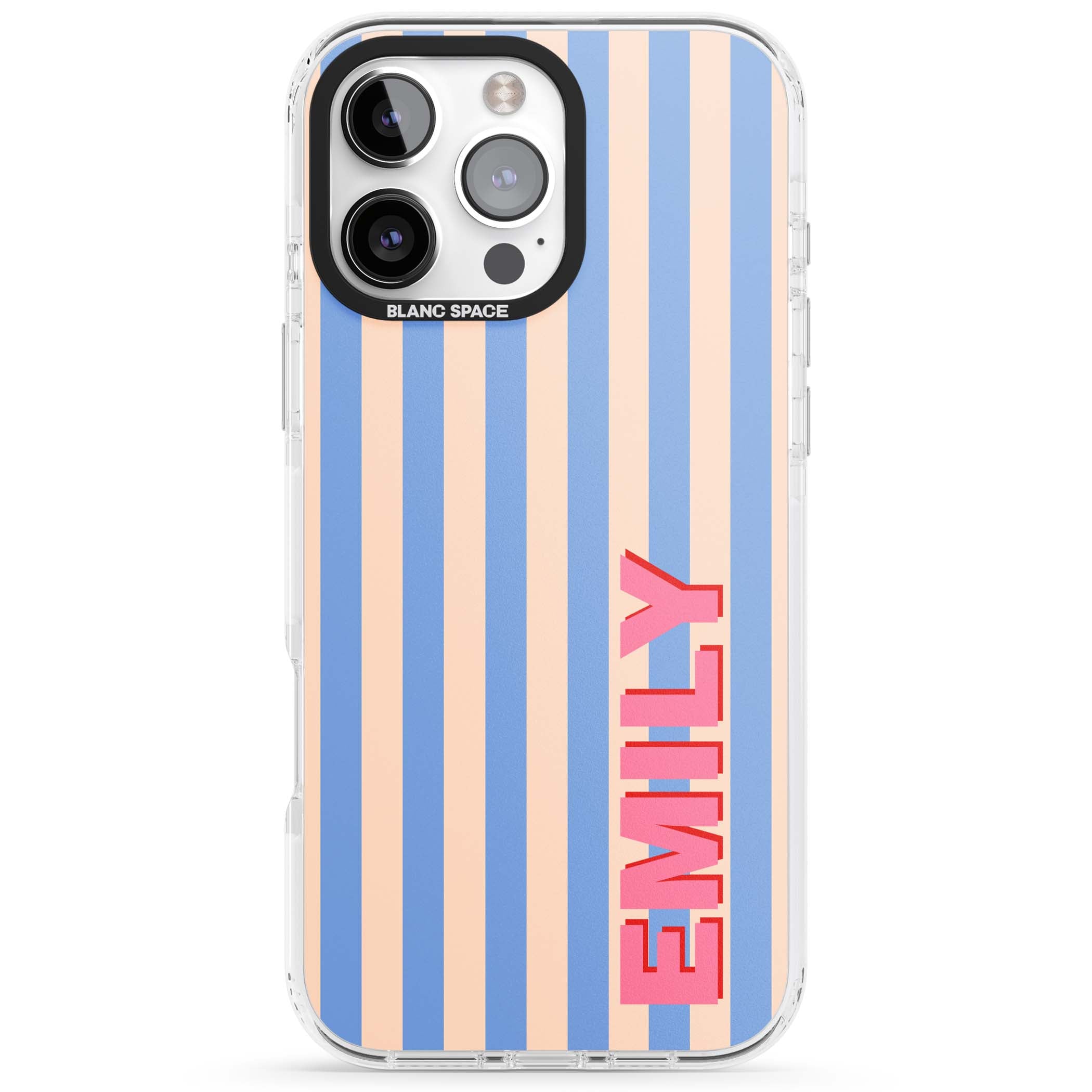 Coastal Stripe personalised coastal iPhone case with blue and peach vertical stripes and custom pink name | Impact Magsafe case for iPhone 16 Pro, iPhone 16 Pro Max