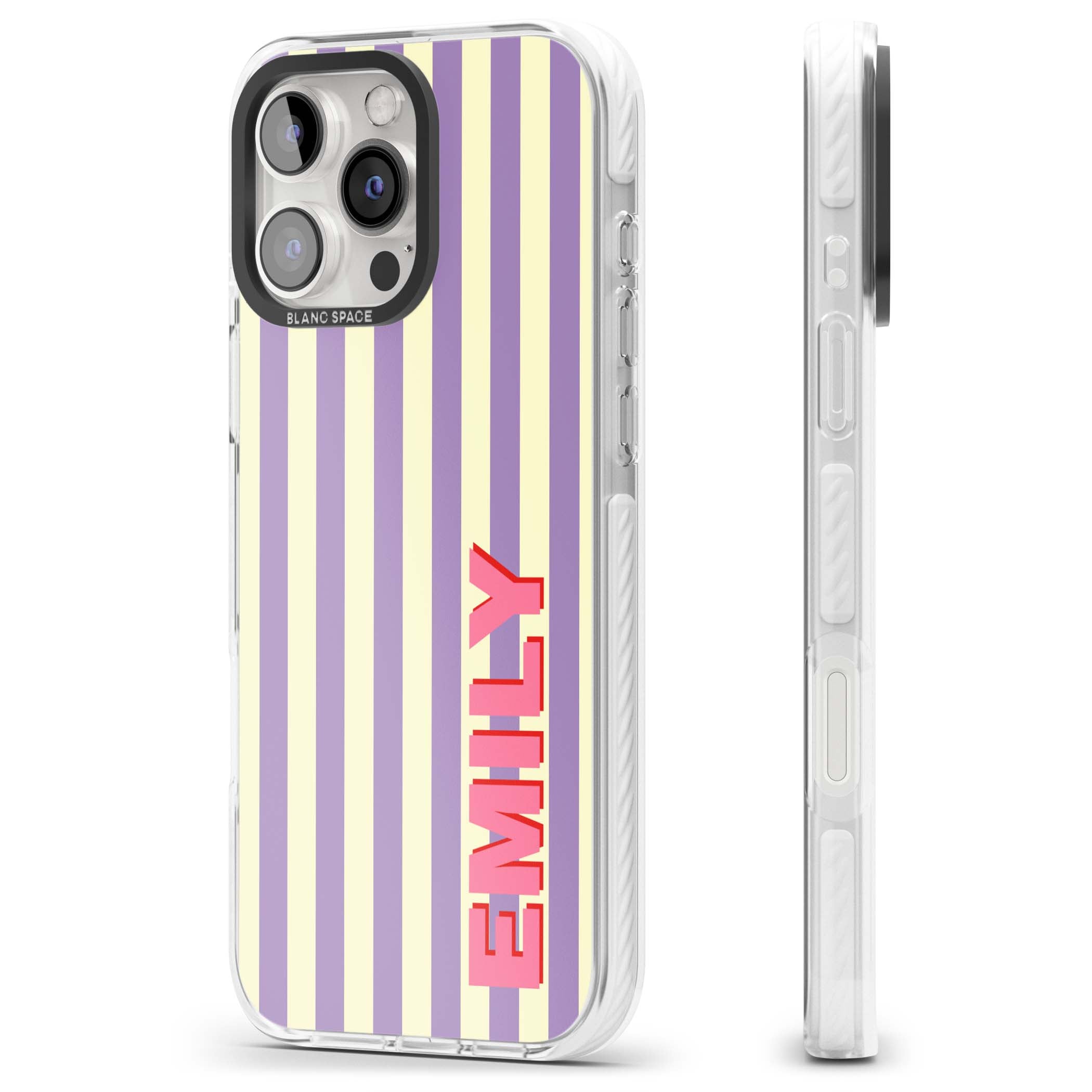 Valensole Stripe personalised iPhone case with purple and cream vertical stripes and pink custom name | Impact Magsafe case for iPhone 16 Pro, iPhone 16 Pro Max