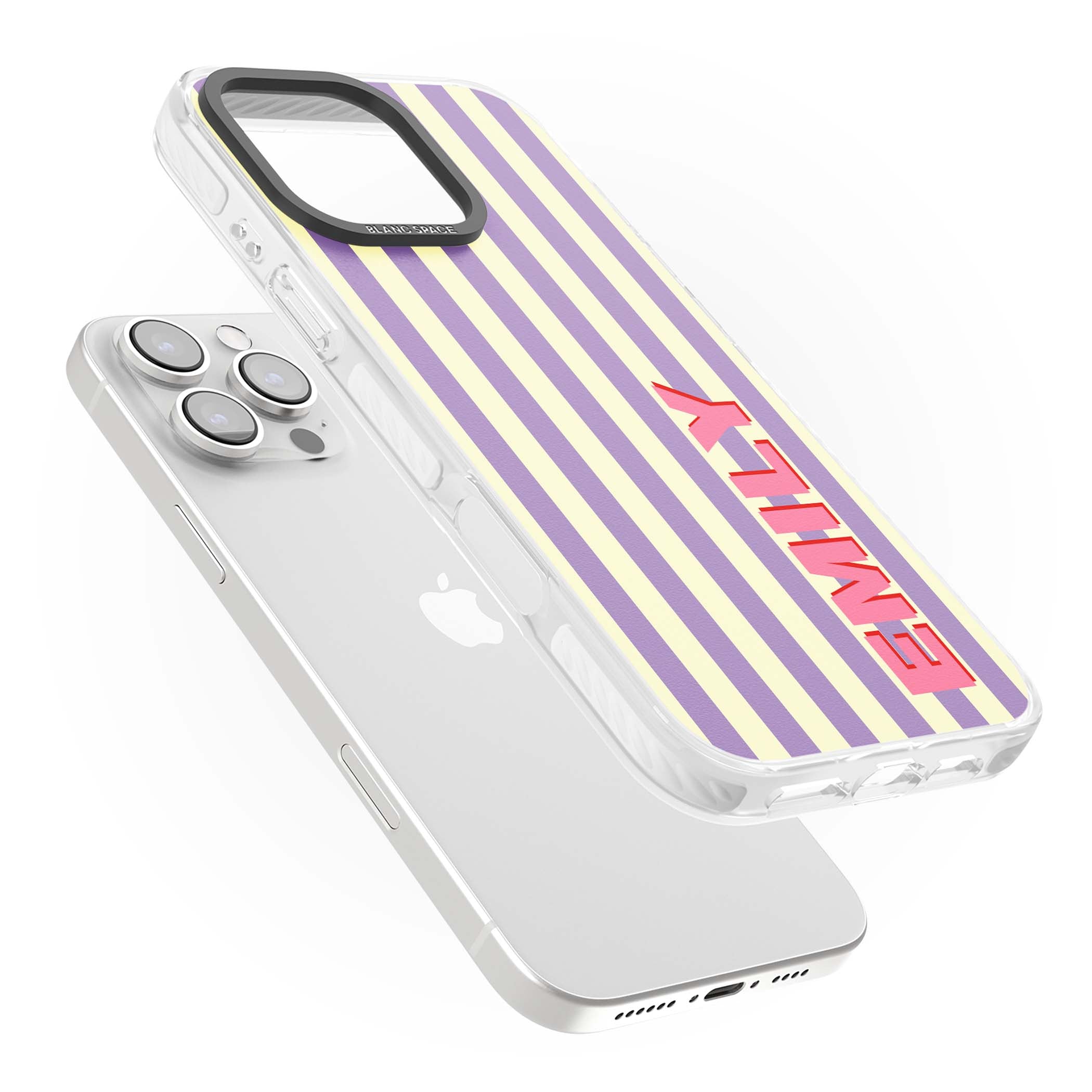 Valensole Stripe personalised iPhone case with purple and cream vertical stripes and pink custom name | Impact Magsafe case for iPhone 16 Pro, iPhone 16 Pro Max