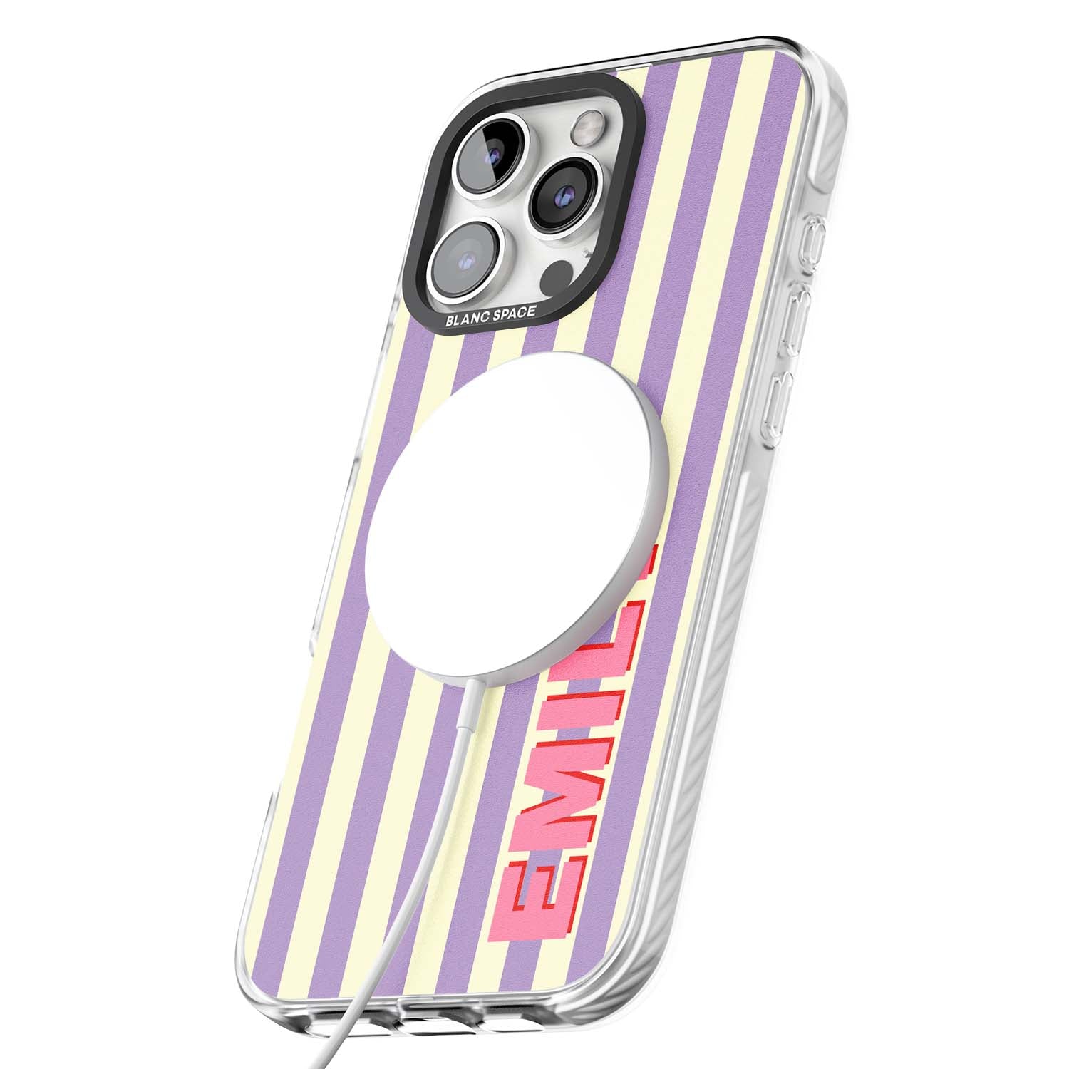 Valensole Stripe personalised iPhone case with purple and cream vertical stripes and pink custom name | Impact Magsafe case for iPhone 16 Pro, iPhone 16 Pro Max