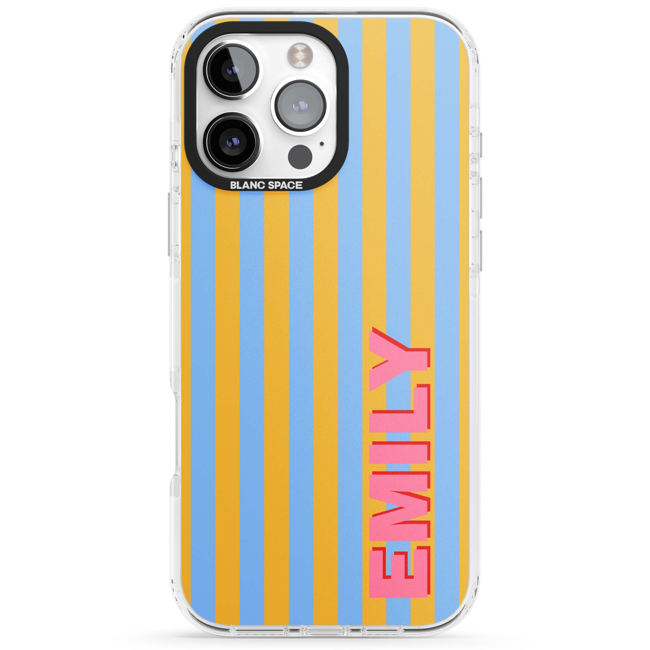 Carribean Stripe personalised coastal iPhone case with yellow and blue vertical stripes and a custom pink name | Impact Magsafe case for iPhone 16 Pro, iPhone 16 Pro Max