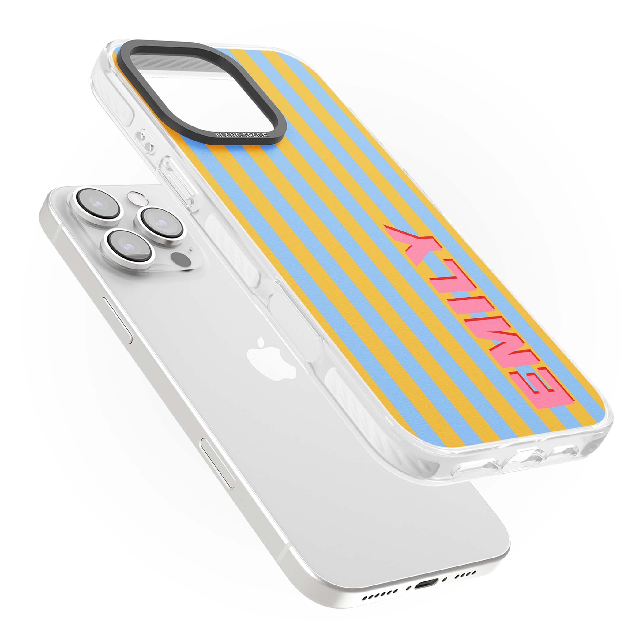 Carribean Stripe personalised coastal iPhone case with yellow and blue vertical stripes and a custom pink name | Impact Magsafe case for iPhone 16 Pro, iPhone 16 Pro Max