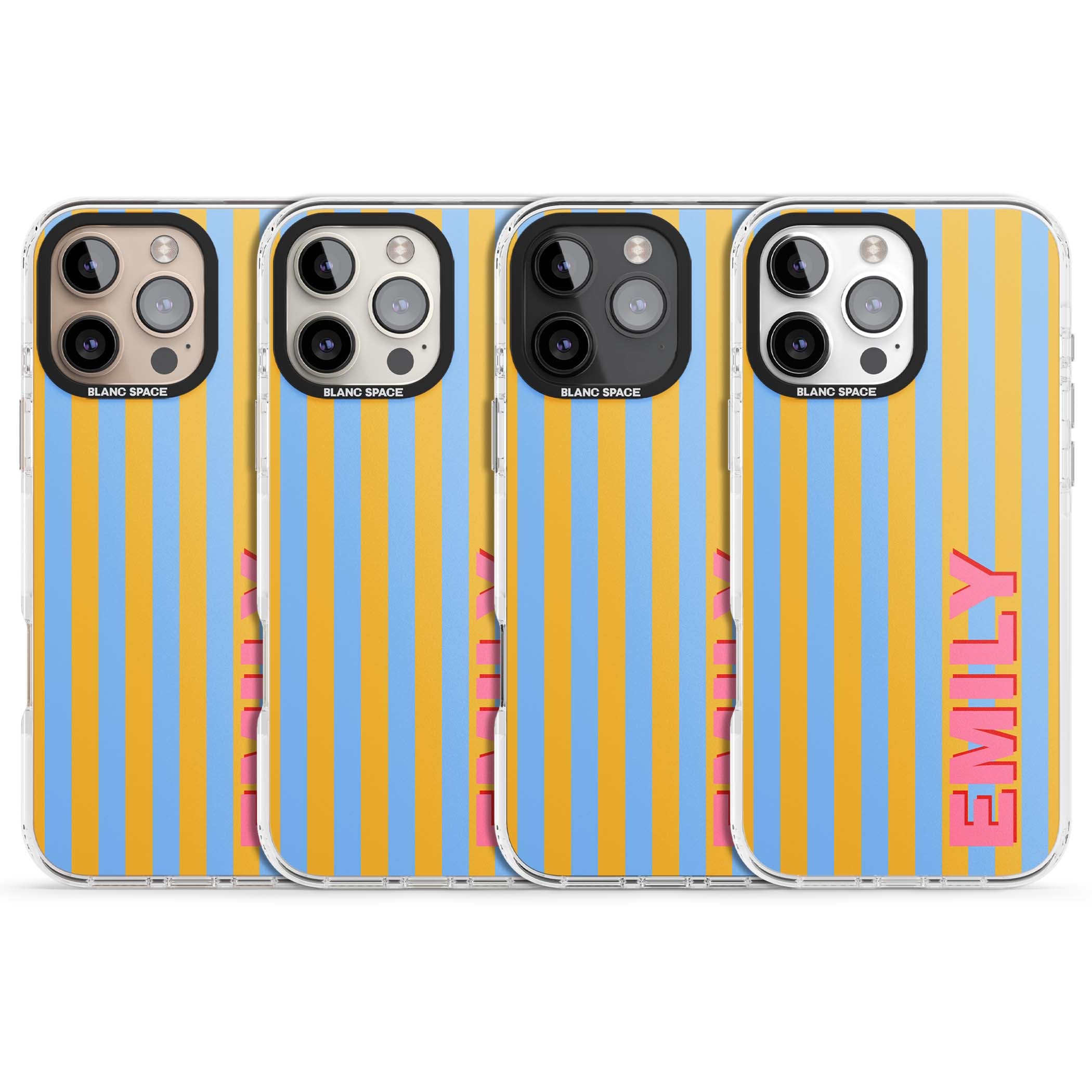 Carribean Stripe personalised coastal iPhone case with yellow and blue vertical stripes and a custom pink name | Impact Magsafe case for iPhone 16 Pro, iPhone 16 Pro Max