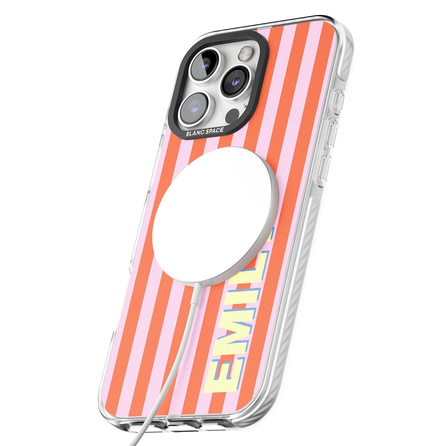 Havana Stripe personalised iPhone case featuring pink and orange vertical stripes with a custom yellow name | Impact Magsafe case for iPhone 16 Pro, iPhone 16 Pro Max