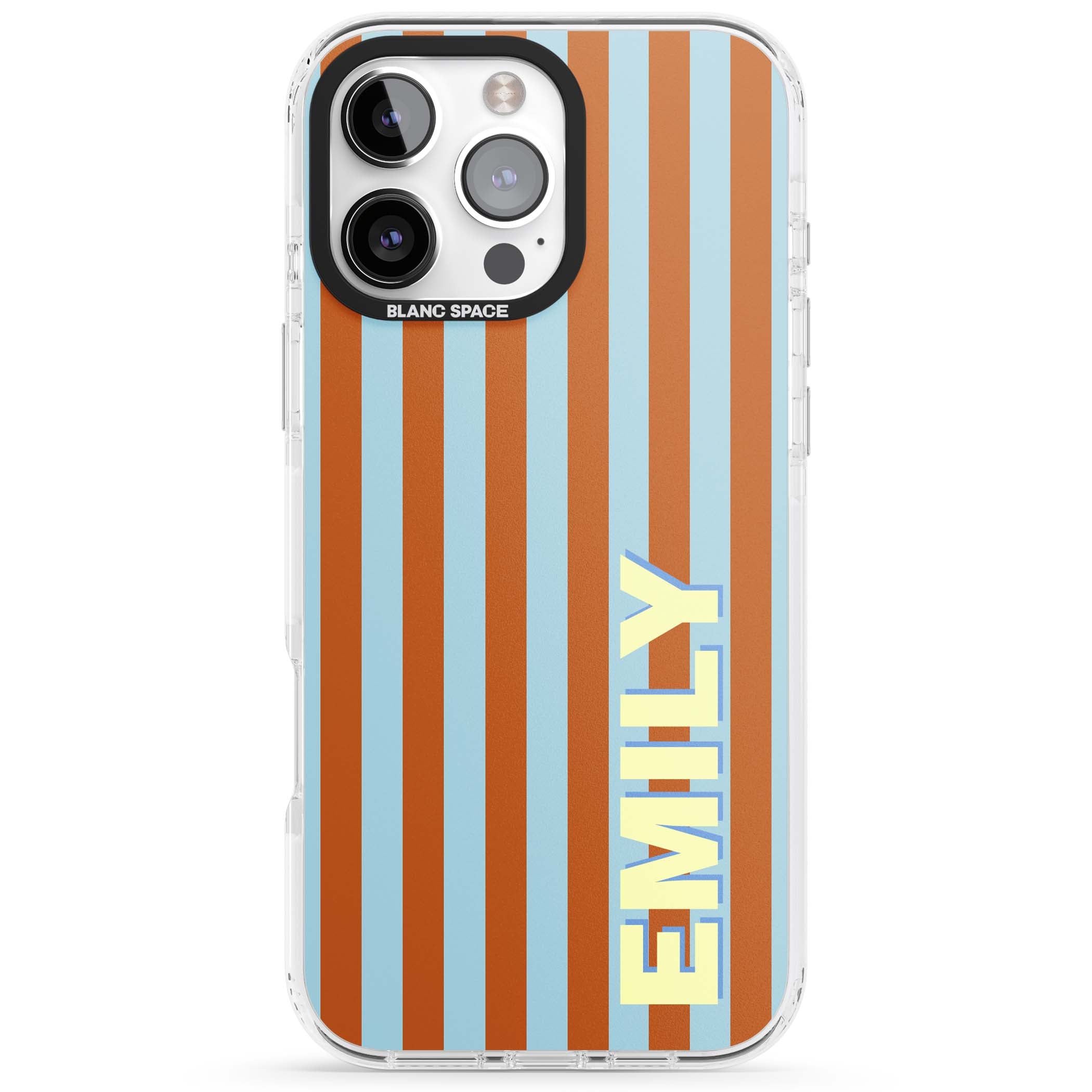 Cappadocia Stripe personalised coastal iPhone case featuring blue and orange vertical stripes with custom cream name | Impact Magsafe case for iPhone 16 Pro, iPhone 16 Pro Max