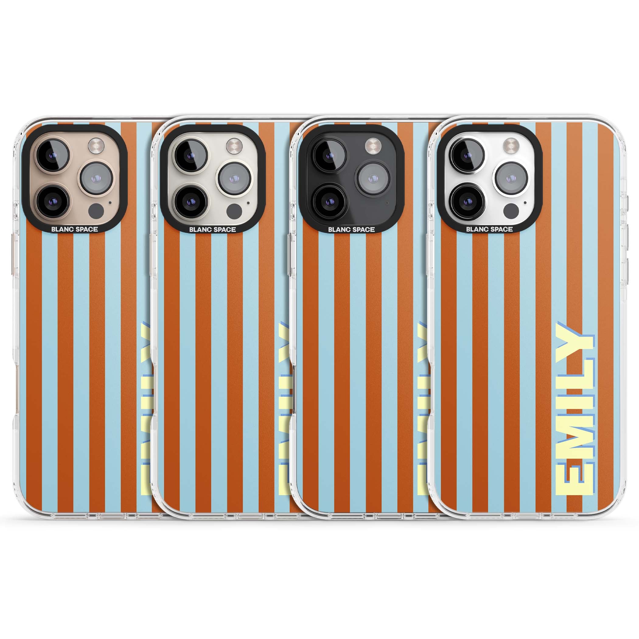 Cappadocia Stripe personalised coastal iPhone case featuring blue and orange vertical stripes with custom cream name | Impact Magsafe case for iPhone 16 Pro, iPhone 16 Pro Max