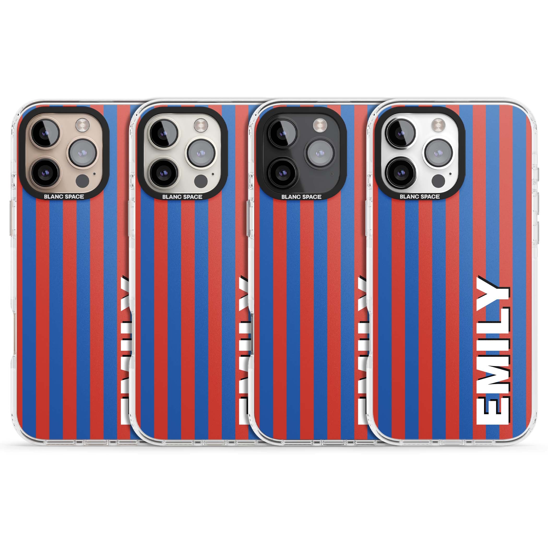 Cuban Stripe personalised iPhone case featuring red and blue vertical stripes with custom name in bold white letters | Impact Magsafe case for iPhone 16 Pro, iPhone 16 Pro Max