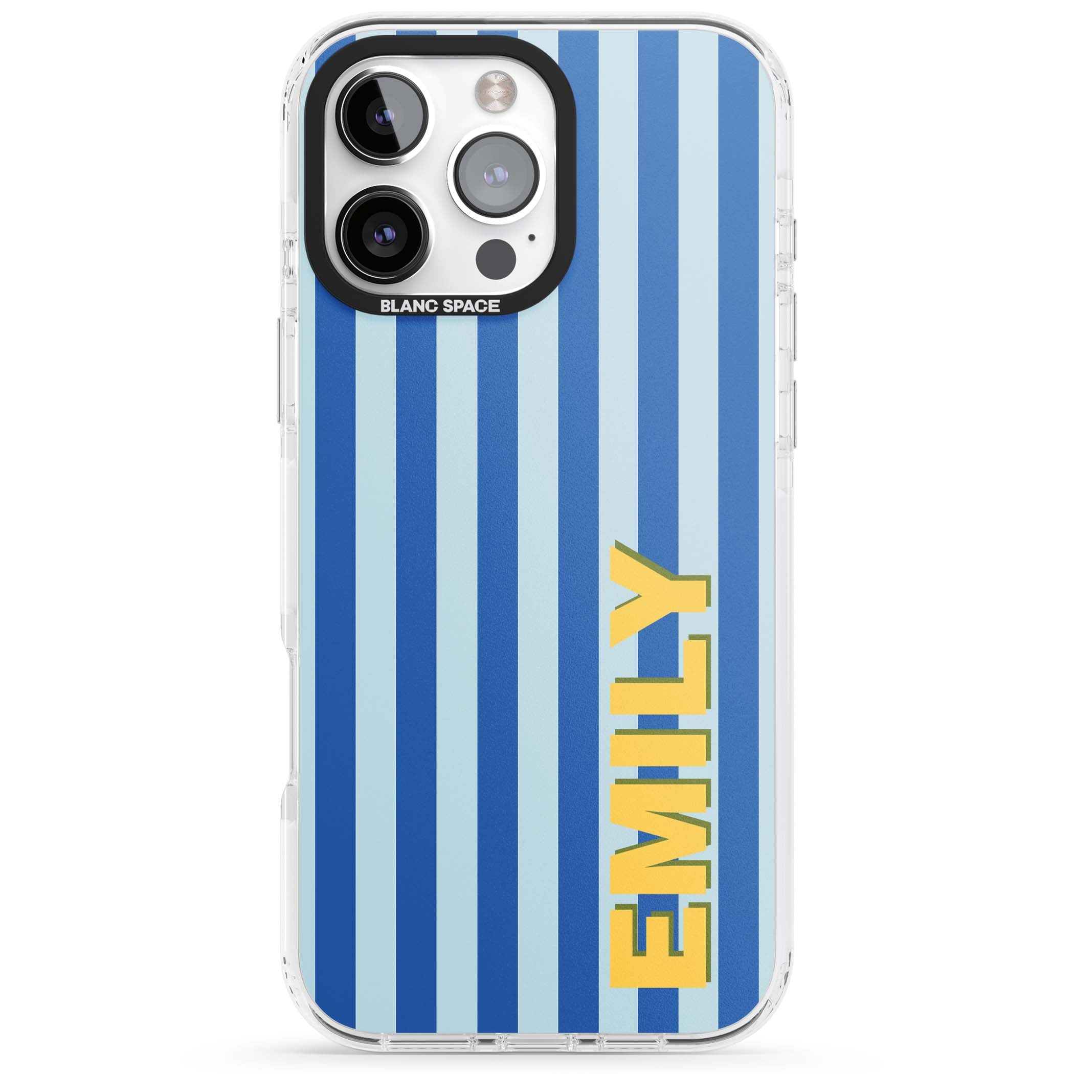 Athenian Stripe personalised preppy iPhone case featuring blue vertical stripes and a custom yellow name | Impact Magsafe case for iPhone 16 Pro, iPhone 16 Pro Max