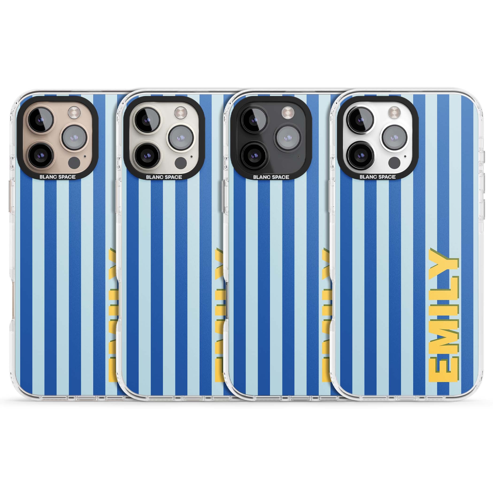 Athenian Stripe personalised preppy iPhone case featuring blue vertical stripes and a custom yellow name | Impact Magsafe case for iPhone 16 Pro, iPhone 16 Pro Max