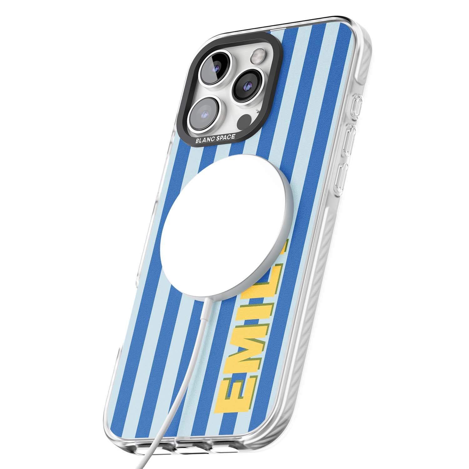 Athenian Stripe personalised preppy iPhone case featuring blue vertical stripes and a custom yellow name | Impact Magsafe case for iPhone 16 Pro, iPhone 16 Pro Max