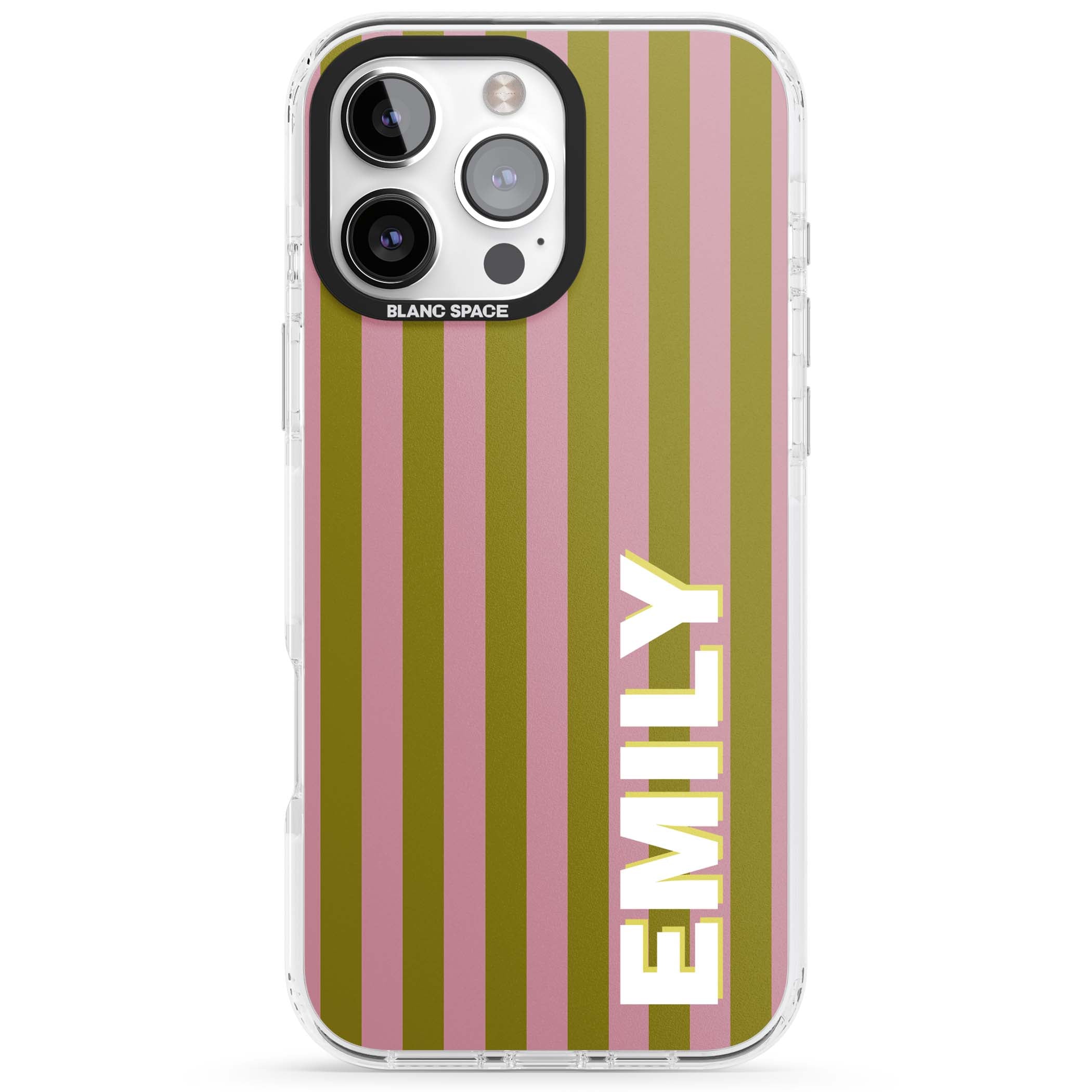 Istanbul Stripe personalised iPhone case featuring pink and olive green vertical stripes with a custom vertical name | Impact Magsafe case for iPhone 16 Pro, iPhone 16 Pro Max