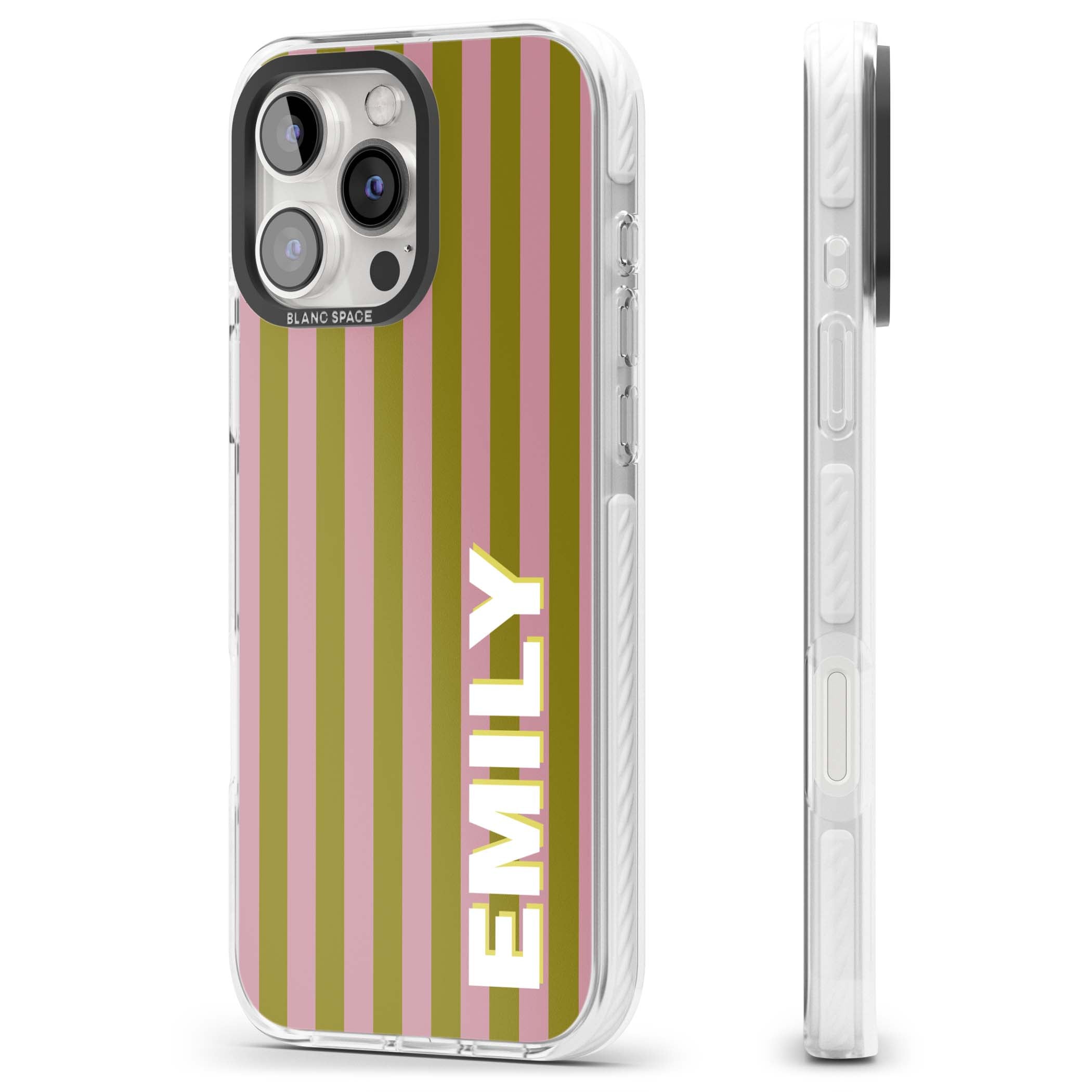 Istanbul Stripe personalised iPhone case featuring pink and olive green vertical stripes with a custom vertical name | Impact Magsafe case for iPhone 16 Pro, iPhone 16 Pro Max