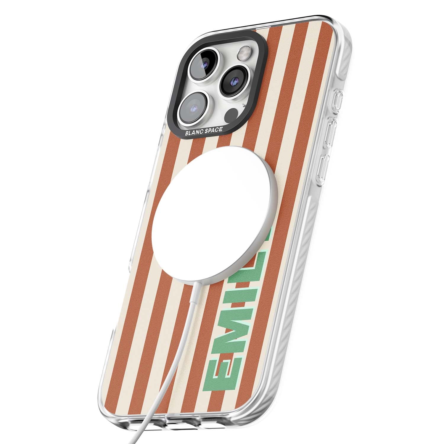 Dune Stripe personalised iPhone case with rust and cream vertical stripes and custom name in mint green | Impact Magsafe case for iPhone 16 Pro, iPhone 16 Pro Max