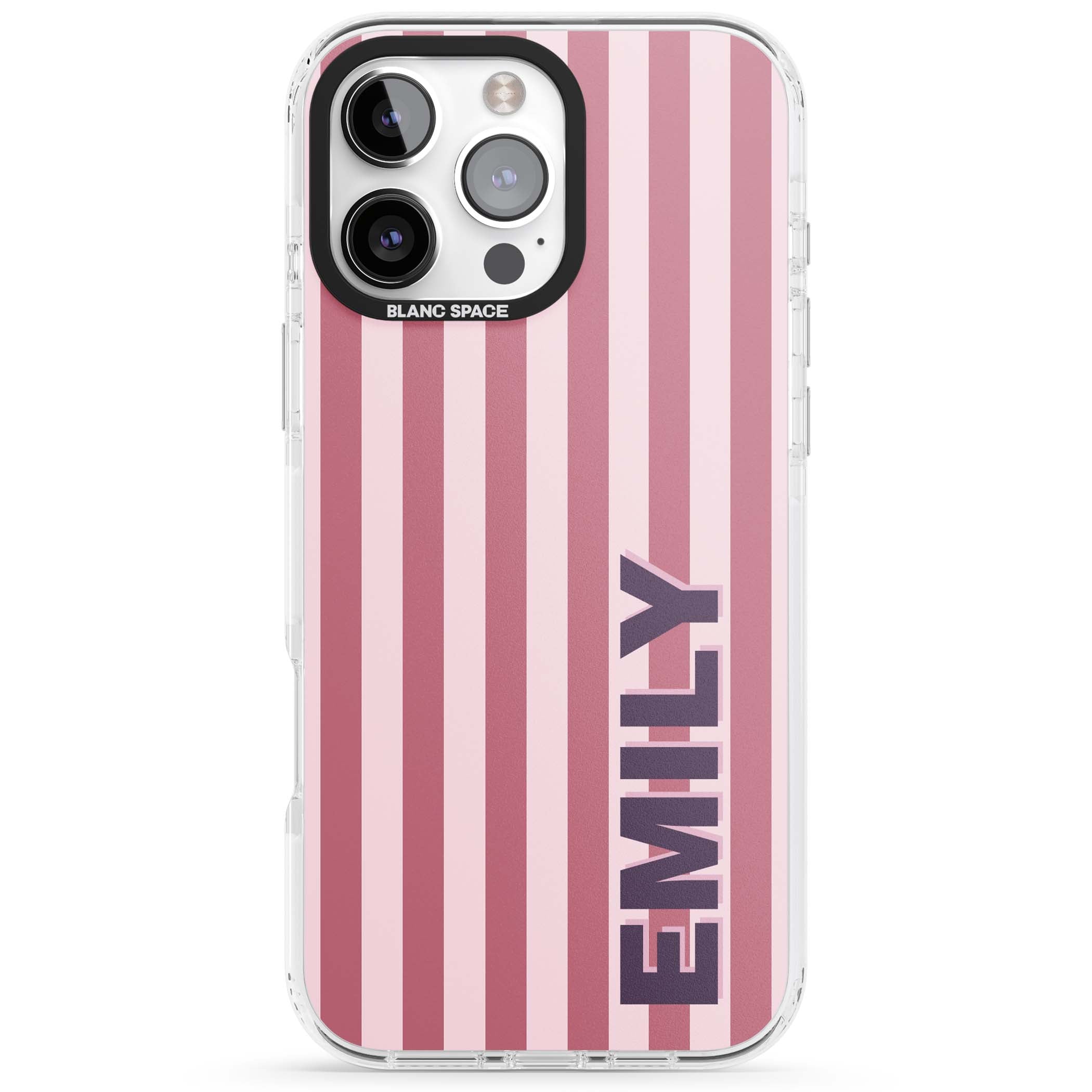 Victoria Stripe personalised iPhone case featuring pink vertical stripes and custom name in bold plum lettering | Impact Magsafe case for iPhone 16 Pro, iPhone 16 Pro Max