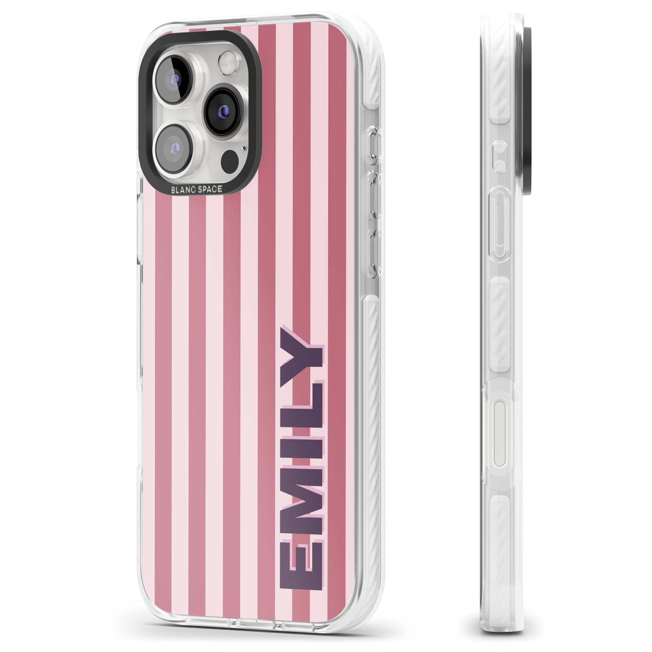 Victoria Stripe personalised iPhone case featuring pink vertical stripes and custom name in bold plum lettering | Impact Magsafe case for iPhone 16 Pro, iPhone 16 Pro Max