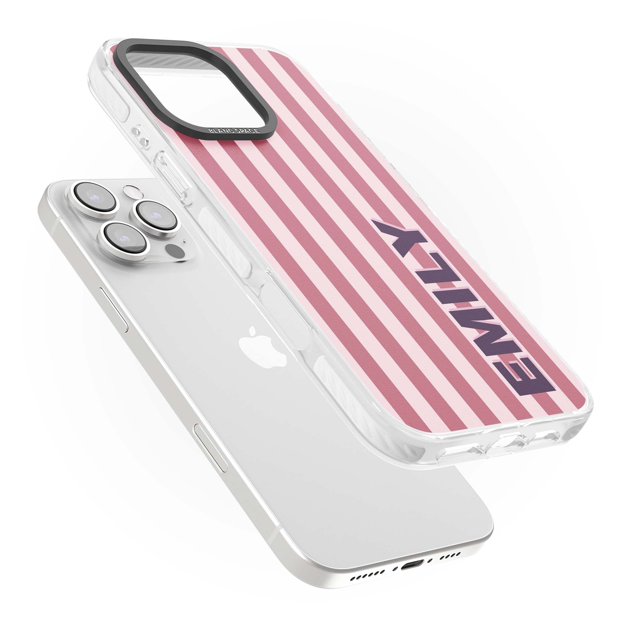 Victoria Stripe personalised iPhone case featuring pink vertical stripes and custom name in bold plum lettering | Impact Magsafe case for iPhone 16 Pro, iPhone 16 Pro Max