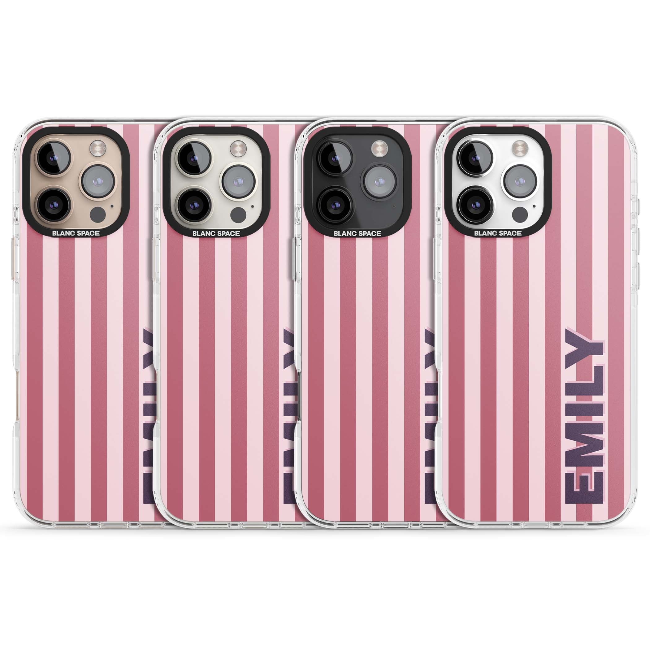 Victoria Stripe personalised iPhone case featuring pink vertical stripes and custom name in bold plum lettering | Impact Magsafe case for iPhone 16 Pro, iPhone 16 Pro Max