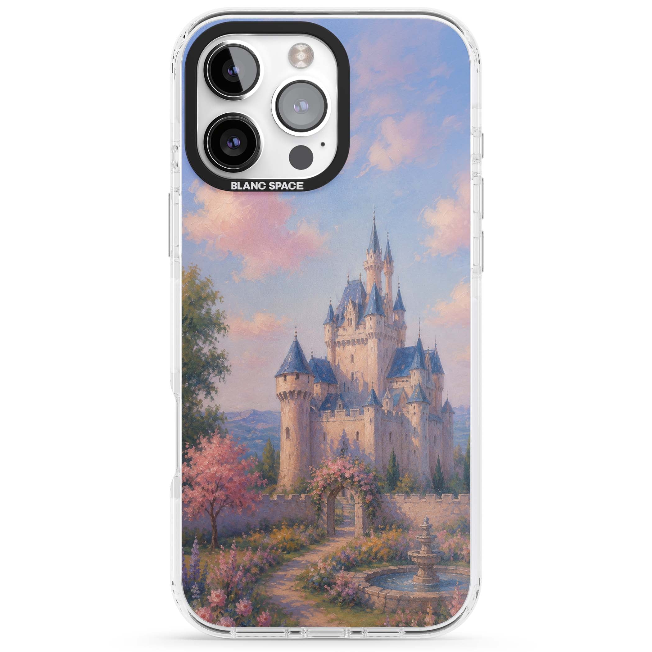 Enchanted Kingdom fairytale iPhone case featuring a romantic castle painting with cherry blossoms and pastel pink sky | Impact Magsafe case for iPhone 16 Pro, iPhone 16 Pro Max