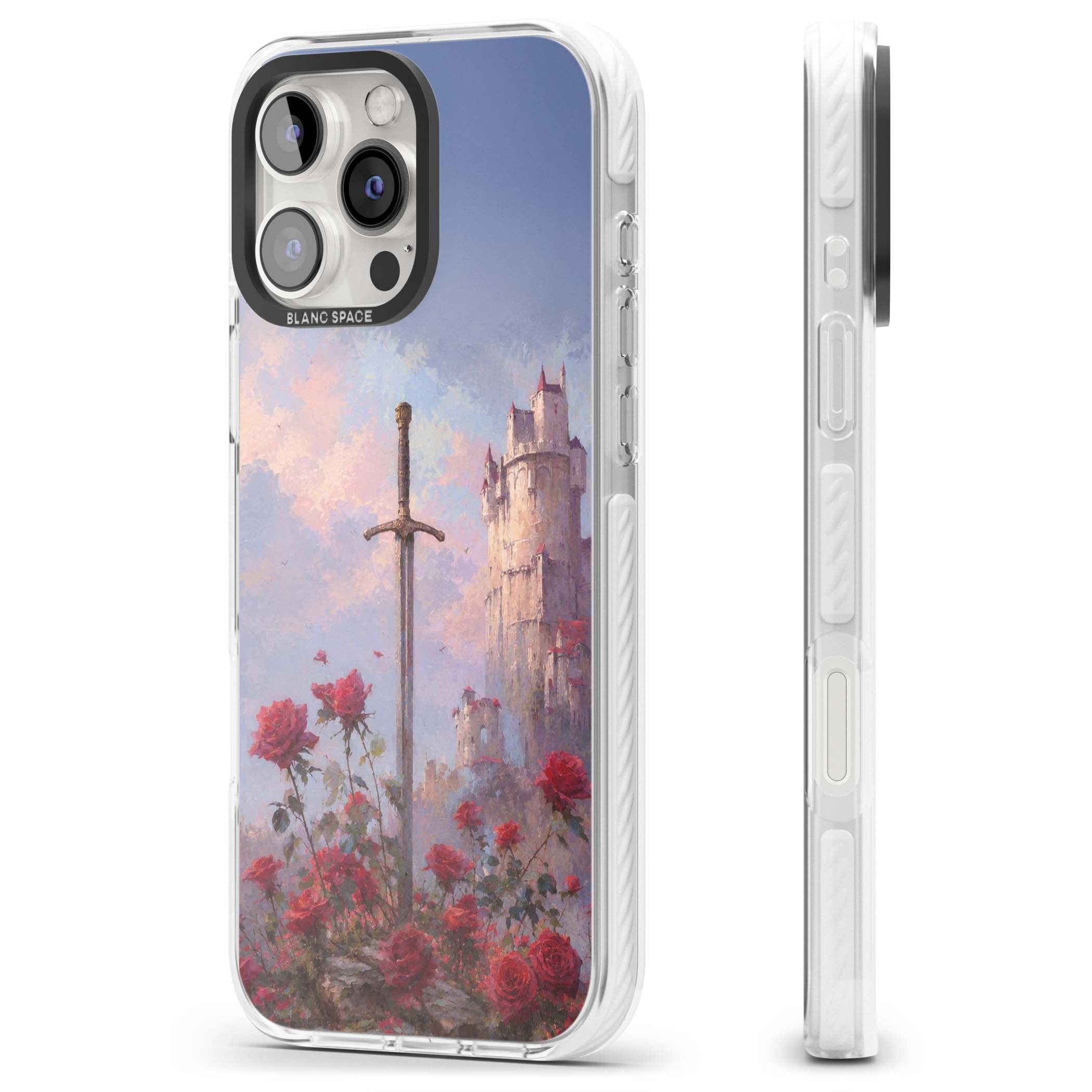 Sword in Roses medieval art iPhone case featuring a sword, red roses, and a misty fairytale castle at sunset | Impact Magsafe case for iPhone 16 Pro, iPhone 16 Pro Max