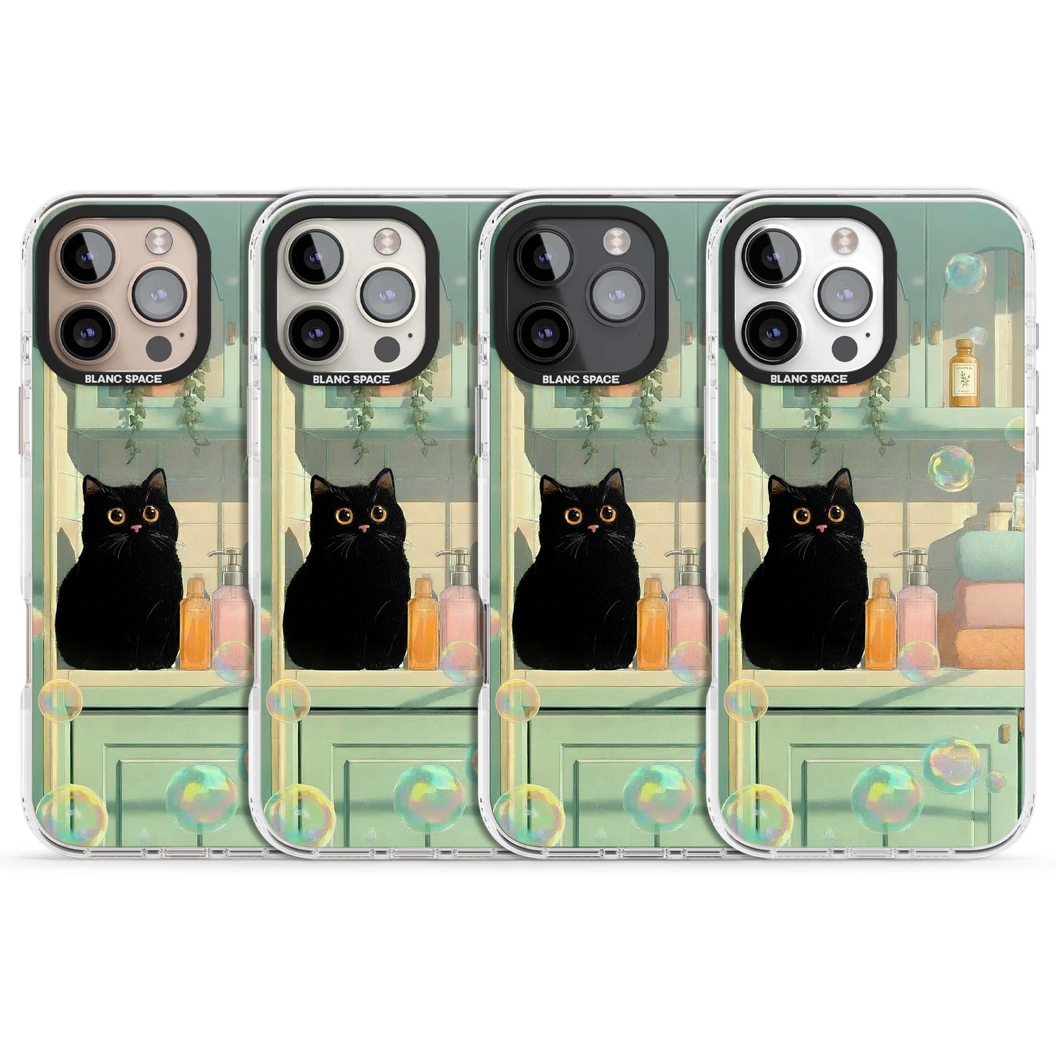 Bathroom Bubble Kitty cottagecore iPhone case featuring a black cat, mint bathroom scene and floating soap bubbles | Impact Magsafe case for iPhone 16 Pro, iPhone 16 Pro Max