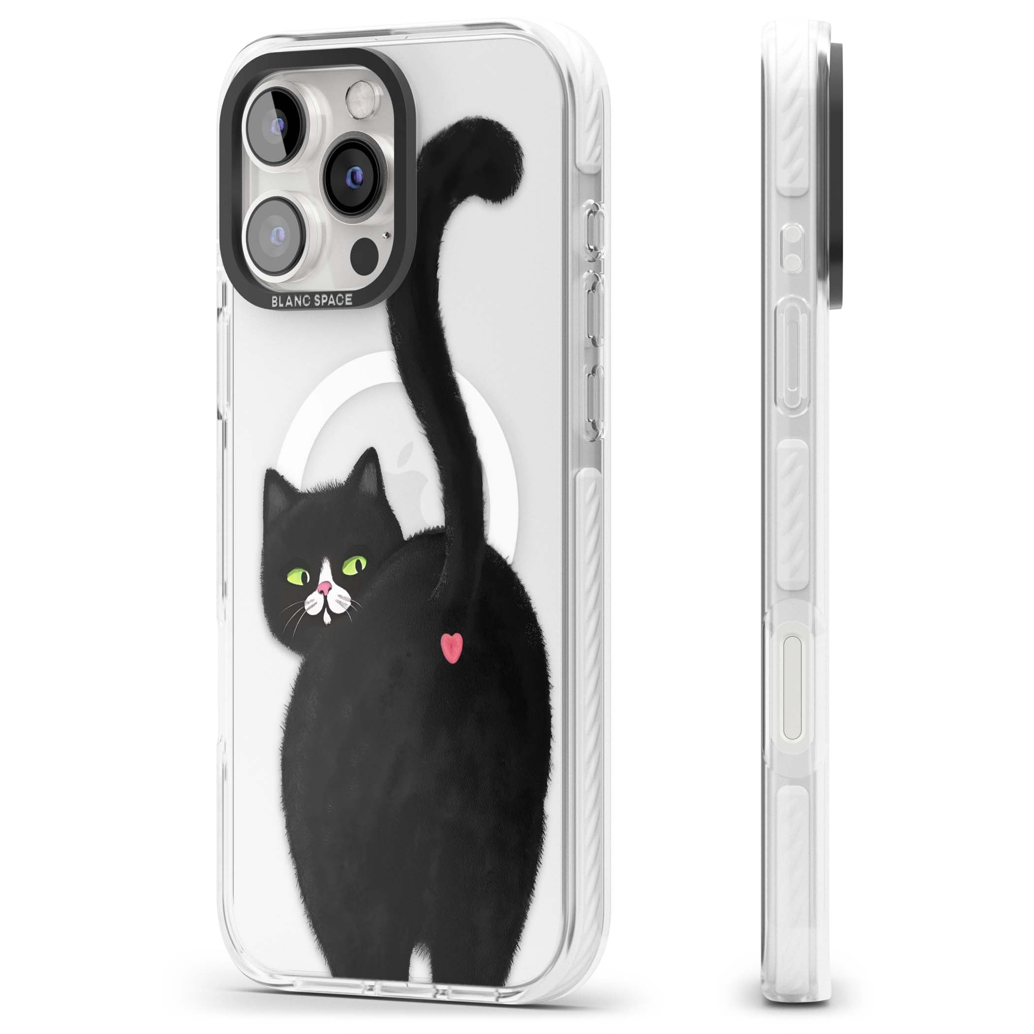 The Cat's Kiss cute cat iPhone case featuring a hand-painted tuxedo kitty with green eyes and a pink heart on a clear  | Impact Magsafe case for iPhone 16 Pro, iPhone 16 Pro Max