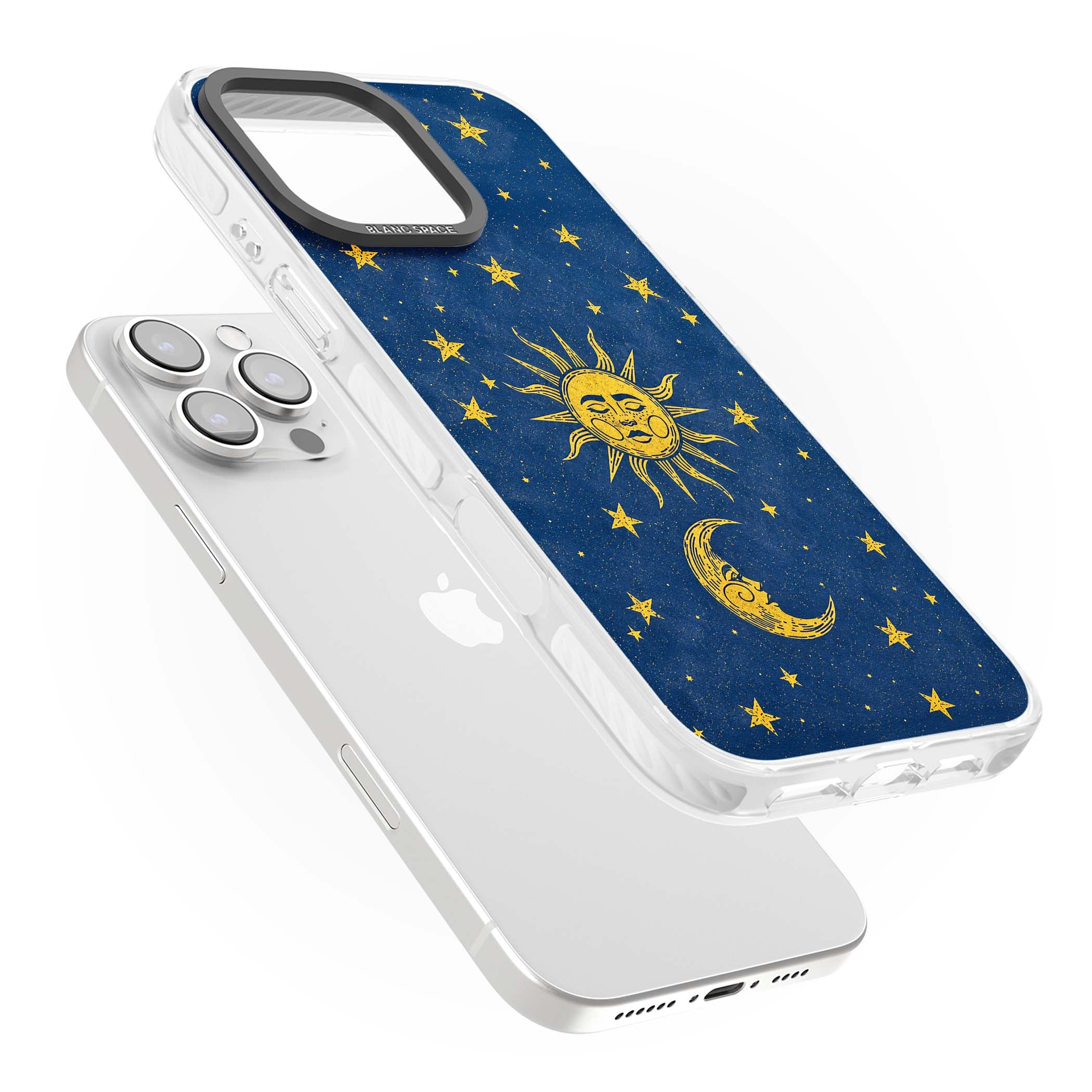 Sun & Moon Reverie celestial iPhone case featuring a vintage golden sun, crescent moon and scattered stars on midnight blue | Impact Magsafe case for iPhone 16 Pro, iPhone 16 Pro Max
