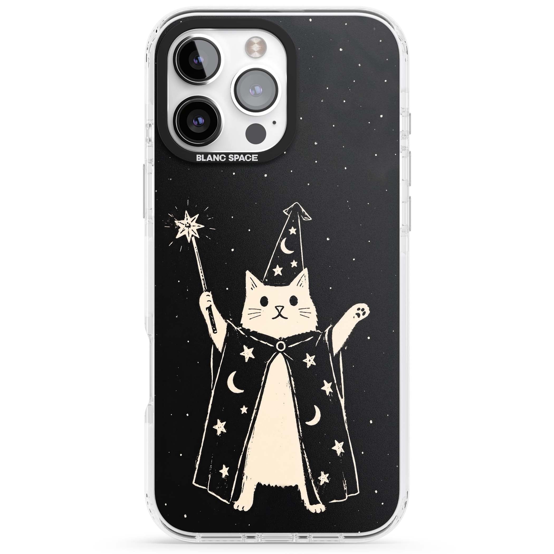 Whisker Wizard celestial cat iPhone case featuring a wizard cat with magic wand, starry night sky and crescent moons | Impact Magsafe case for iPhone 16 Pro, iPhone 16 Pro Max