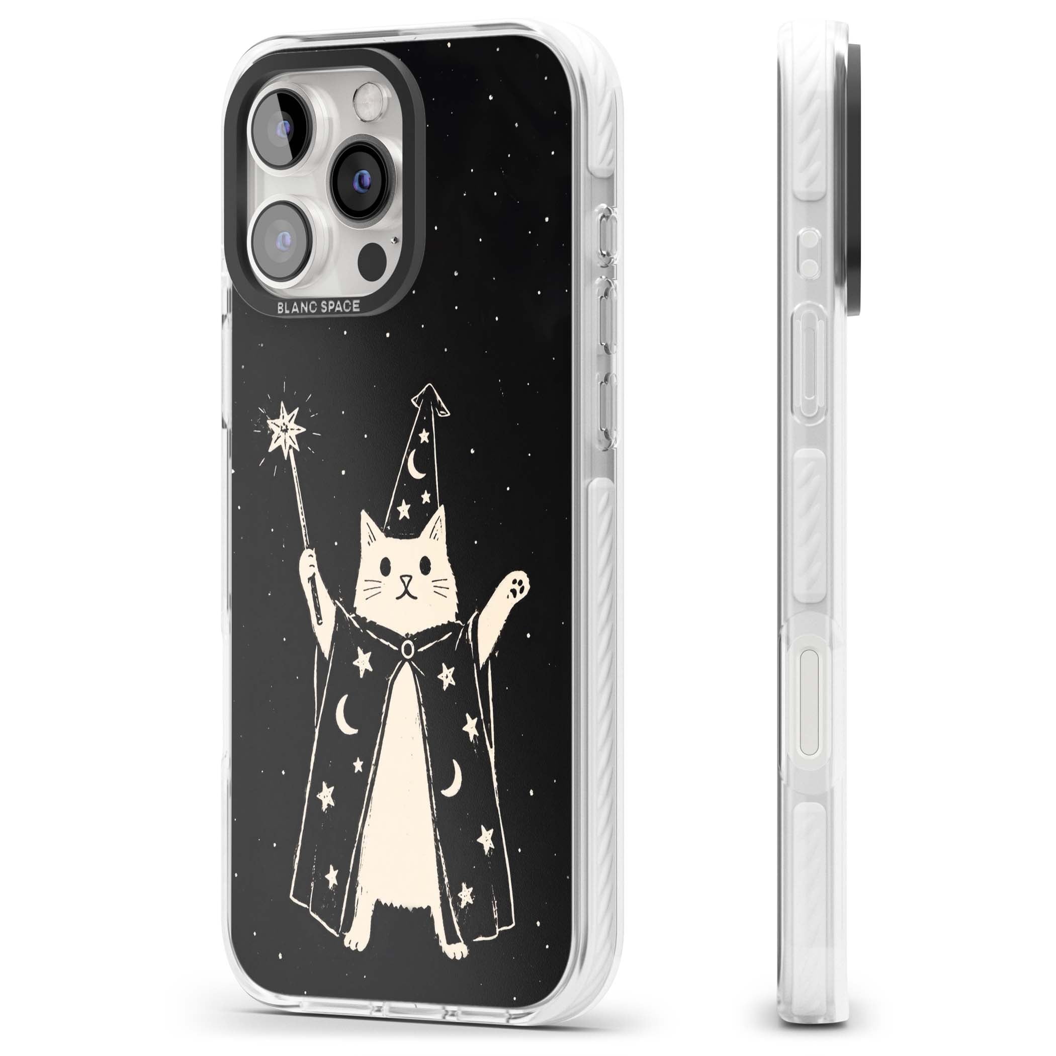 Whisker Wizard celestial cat iPhone case featuring a wizard cat with magic wand, starry night sky and crescent moons | Impact Magsafe case for iPhone 16 Pro, iPhone 16 Pro Max