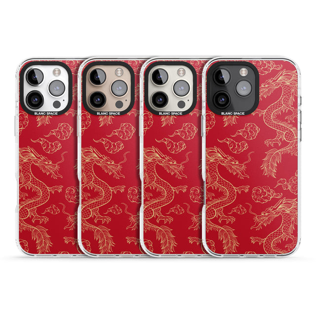 iPhone 16 Pro Max Red and Gold Dragon Pattern Black Impact Phone Case