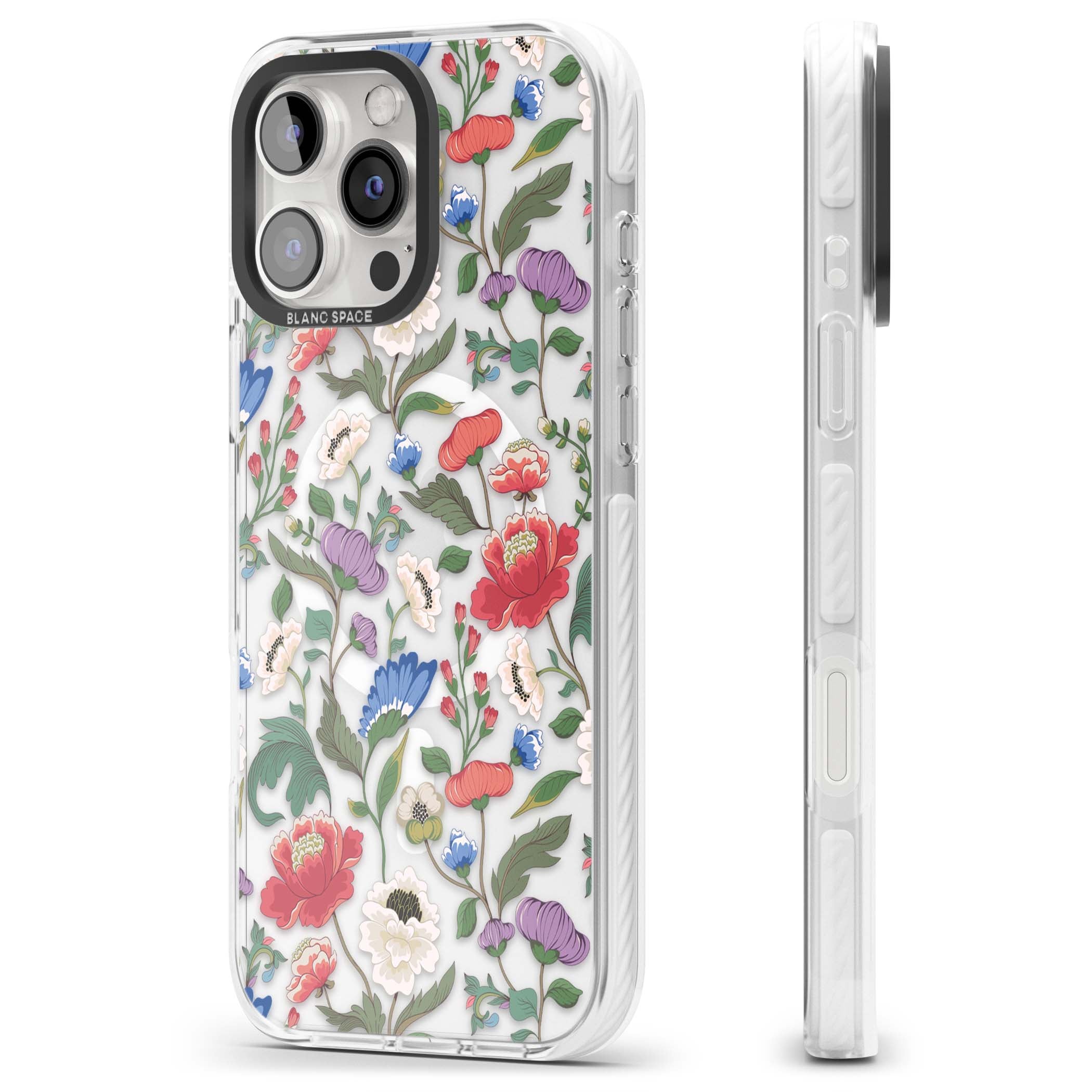 Chinoiserie Bloom vintage floral iPhone case featuring hand-painted peonies, poppies and trailing wildflowers on clear... | Impact Magsafe case for iPhone 16 Pro, iPhone 16 Pro Max