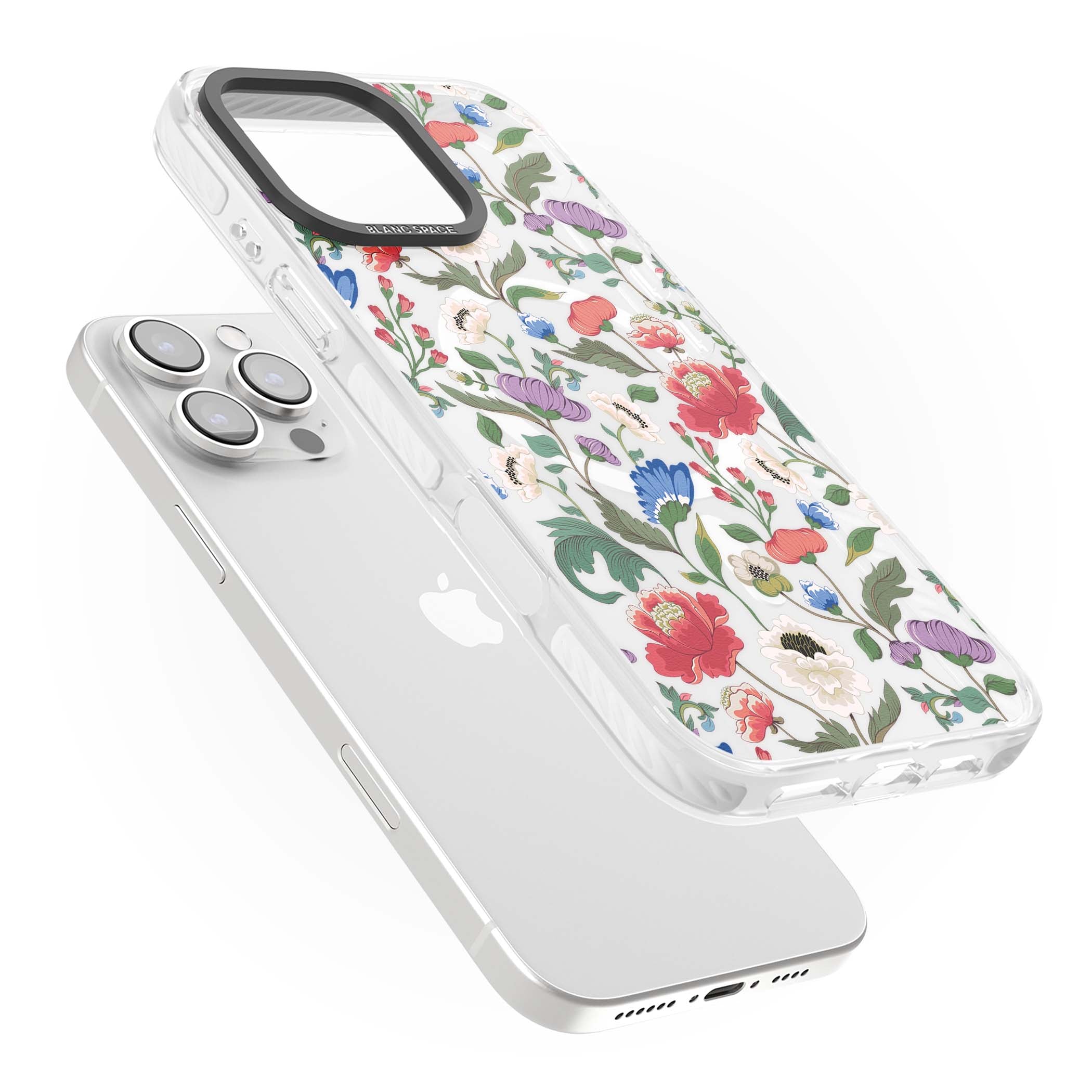 Chinoiserie Bloom vintage floral iPhone case featuring hand-painted peonies, poppies and trailing wildflowers on clear... | Impact Magsafe case for iPhone 16 Pro, iPhone 16 Pro Max