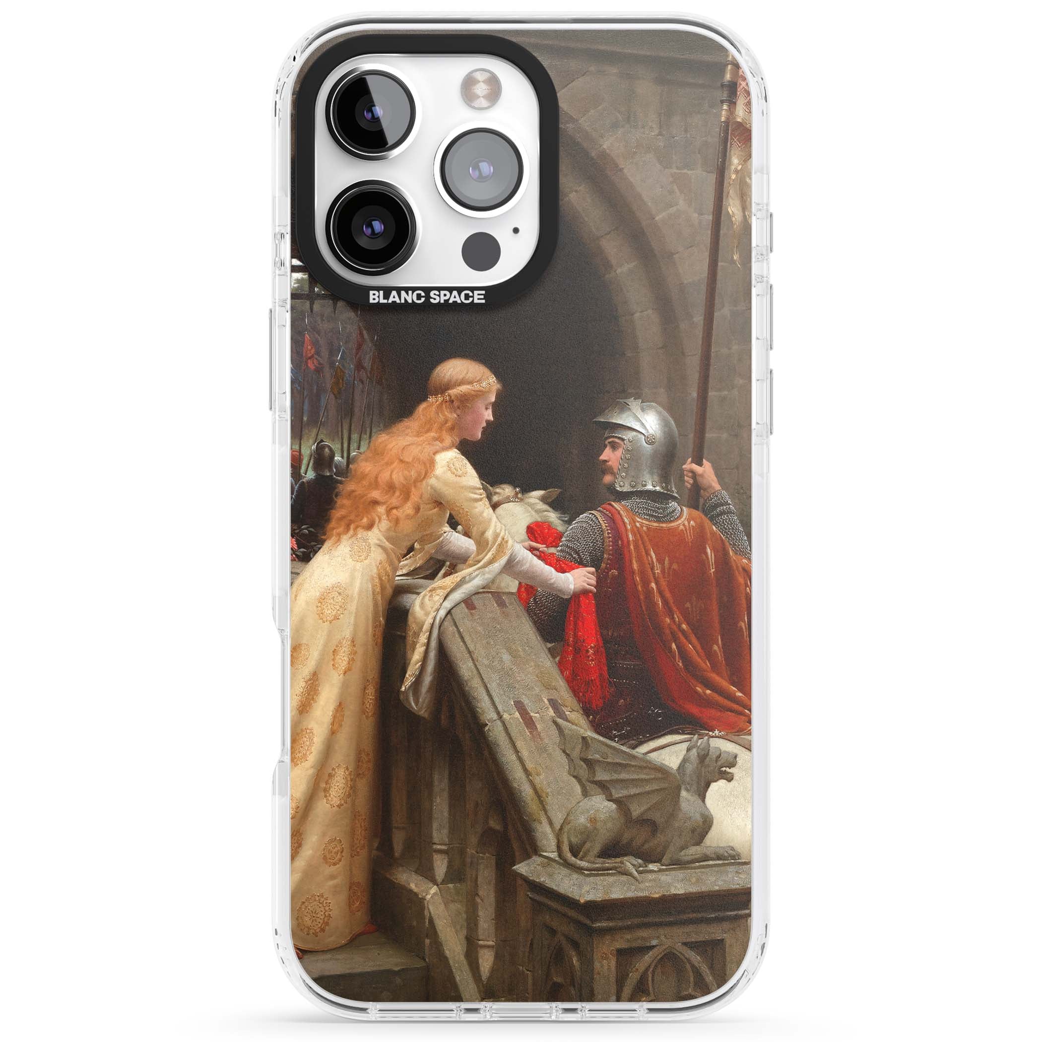 God Speed fine art iPhone case featuring Edmund Blair Leighton's medieval knight and lady beneath a stone archway | Impact Magsafe case for iPhone 16 Pro, iPhone 16 Pro Max