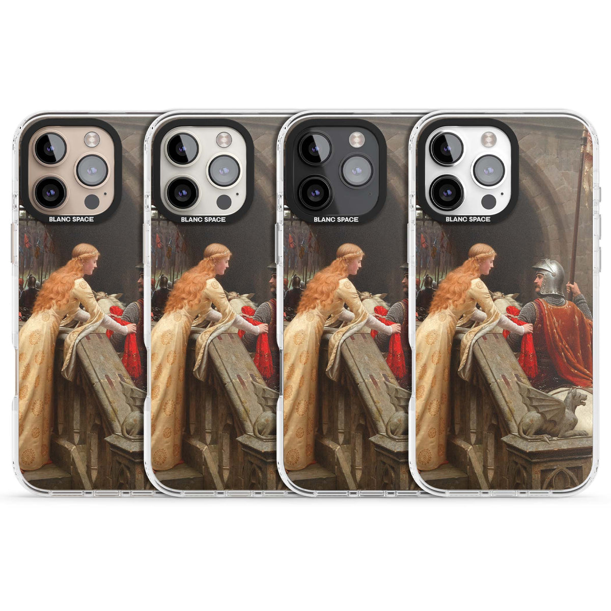 God Speed fine art iPhone case featuring Edmund Blair Leighton's medieval knight and lady beneath a stone archway | Impact Magsafe case for iPhone 16 Pro, iPhone 16 Pro Max