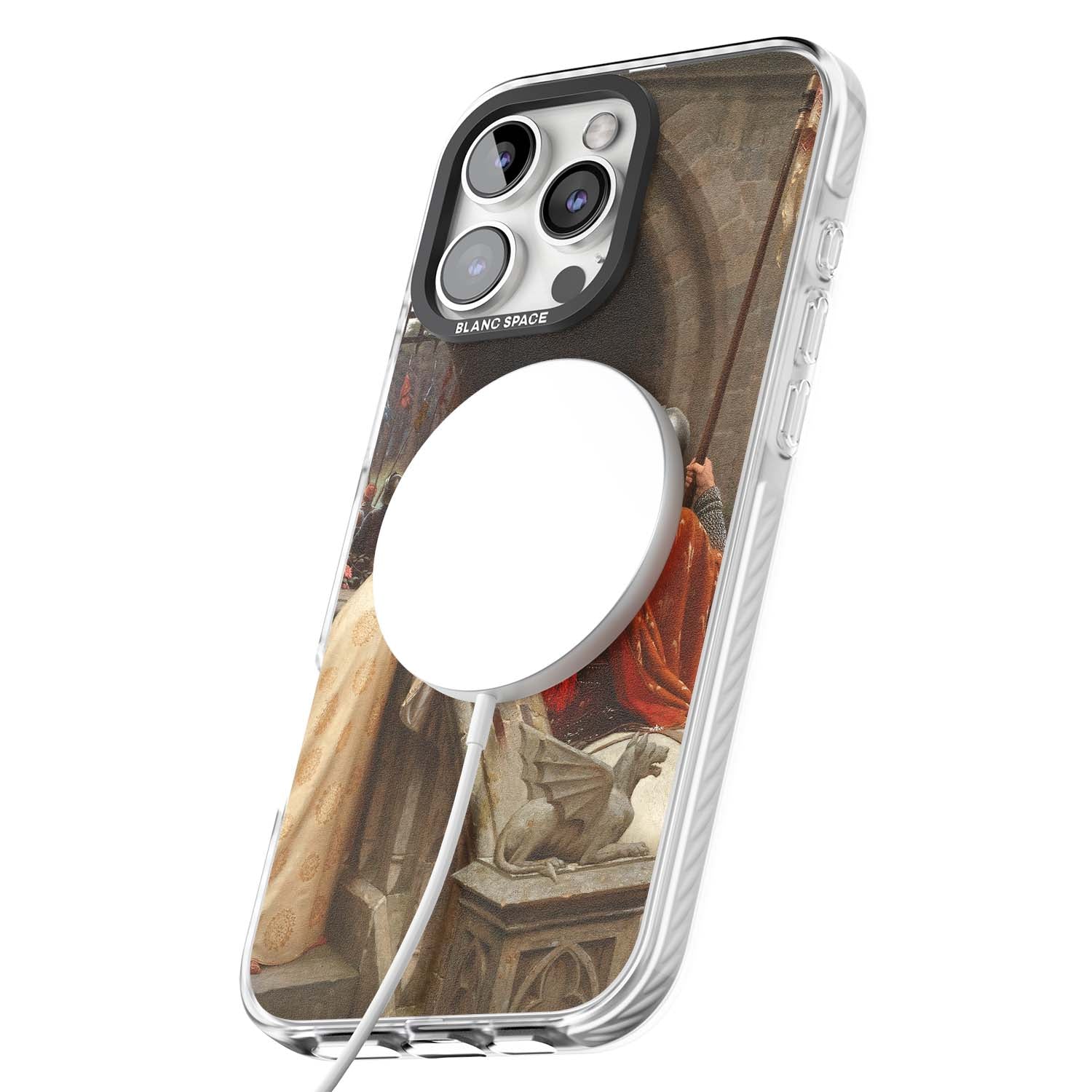 God Speed fine art iPhone case featuring Edmund Blair Leighton's medieval knight and lady beneath a stone archway | Impact Magsafe case for iPhone 16 Pro, iPhone 16 Pro Max