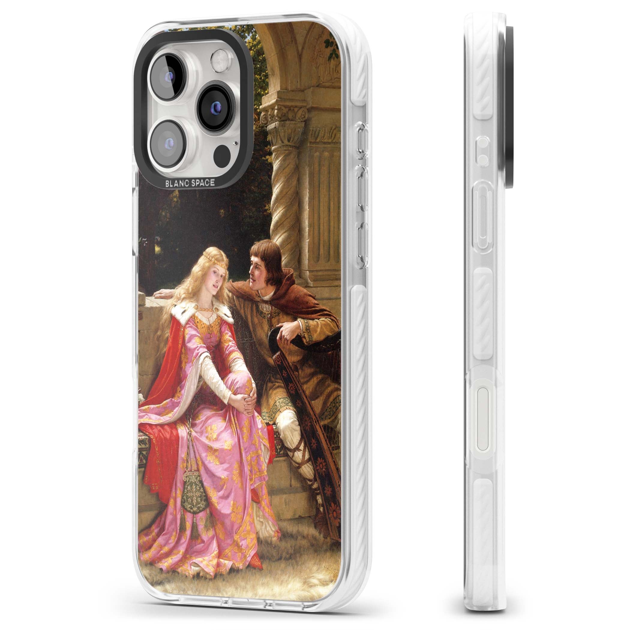 The End of the Song classic art iPhone case featuring a medieval lady in pink gown and her knight in a stone archway | Impact Magsafe case for iPhone 16 Pro, iPhone 16 Pro Max