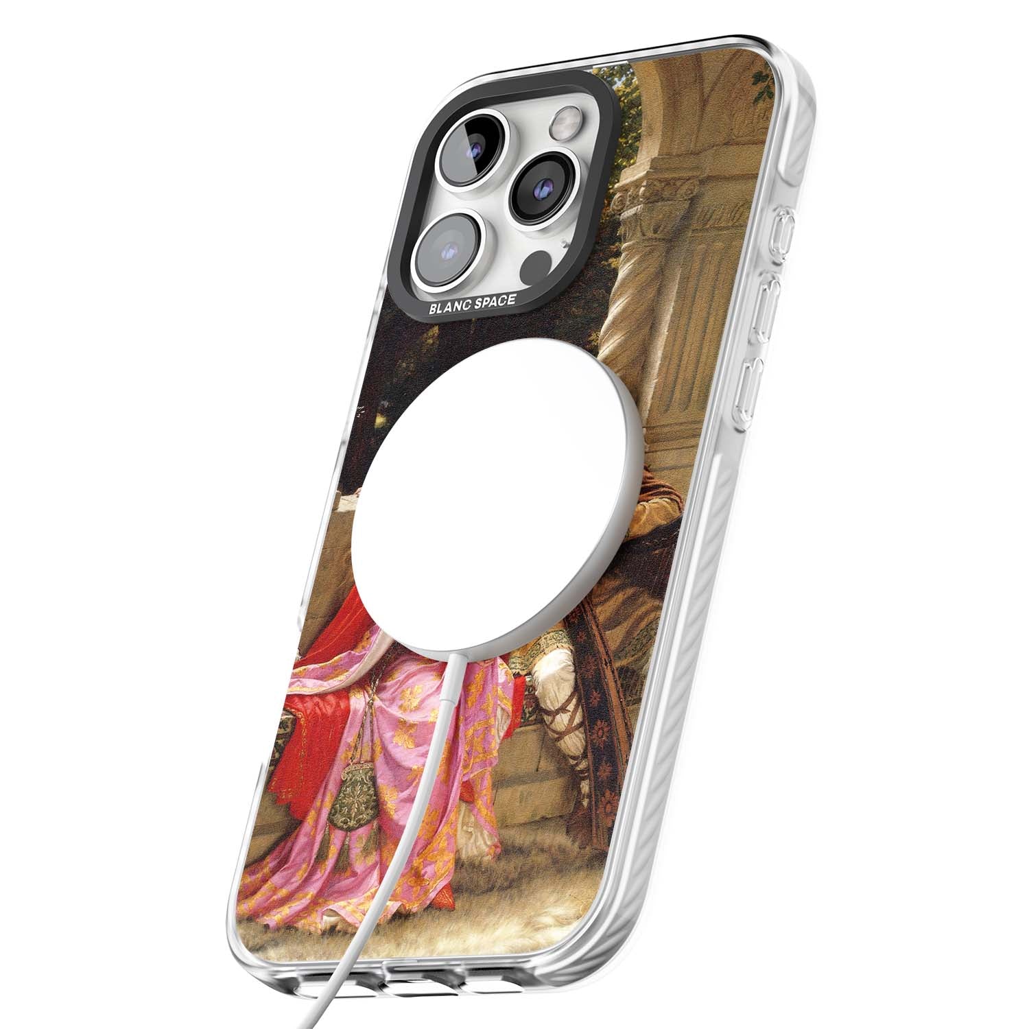 The End of the Song classic art iPhone case featuring a medieval lady in pink gown and her knight in a stone archway | Impact Magsafe case for iPhone 16 Pro, iPhone 16 Pro Max