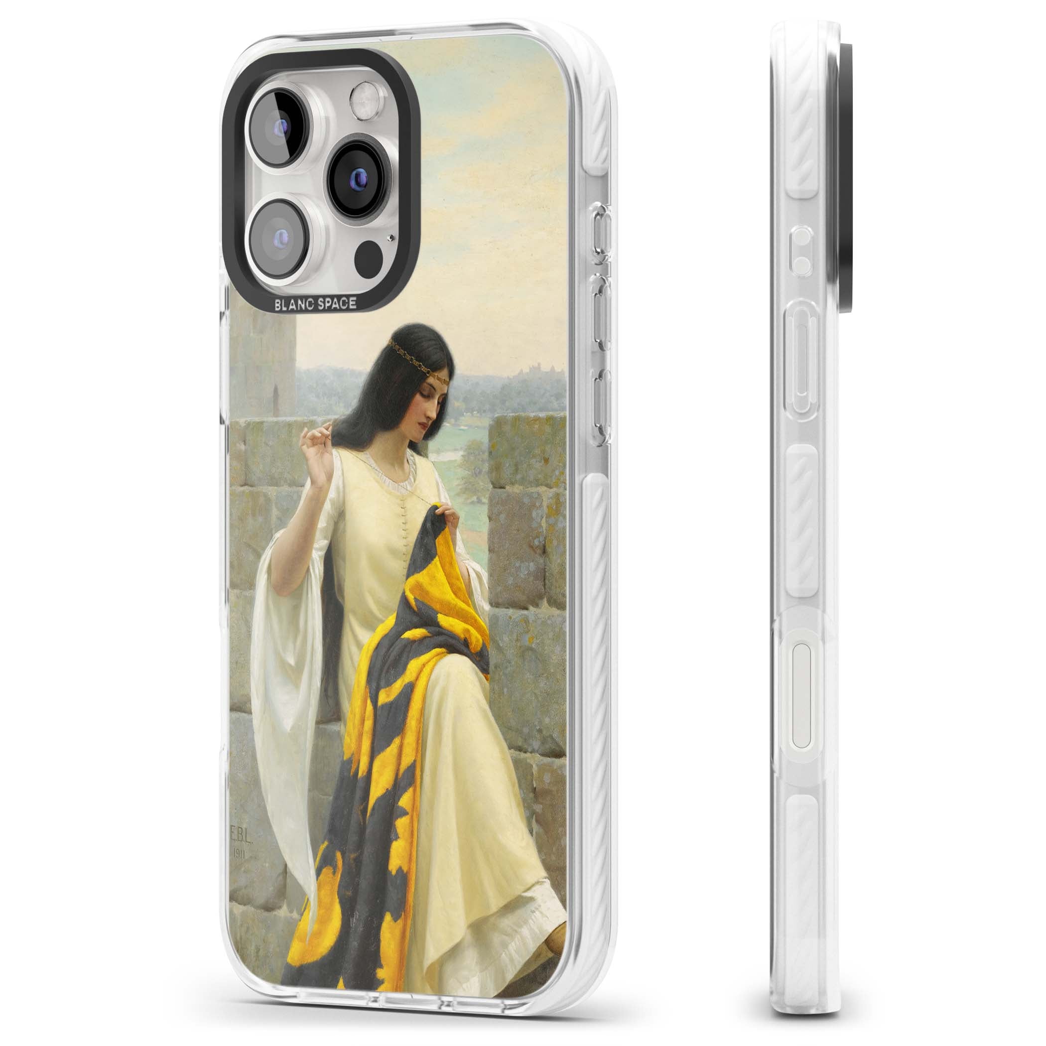 Stitching the Standard renaissance art iPhone case featuring a medieval lady sewing a golden banner on a castle wall | Impact Magsafe case for iPhone 16 Pro, iPhone 16 Pro Max