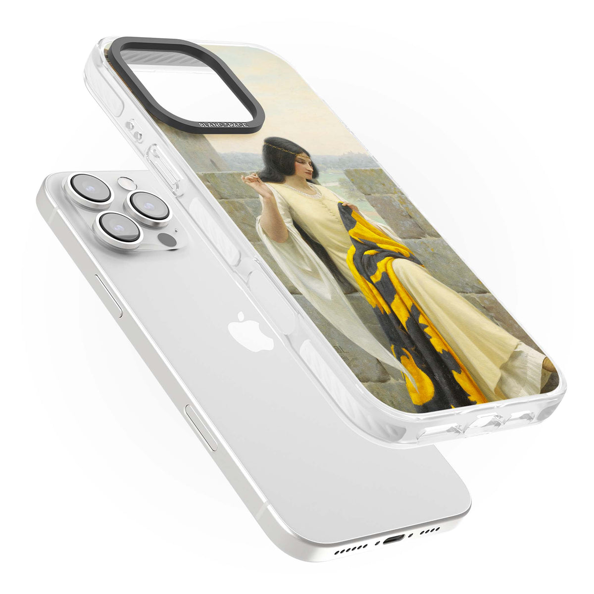 Stitching the Standard renaissance art iPhone case featuring a medieval lady sewing a golden banner on a castle wall | Impact Magsafe case for iPhone 16 Pro, iPhone 16 Pro Max