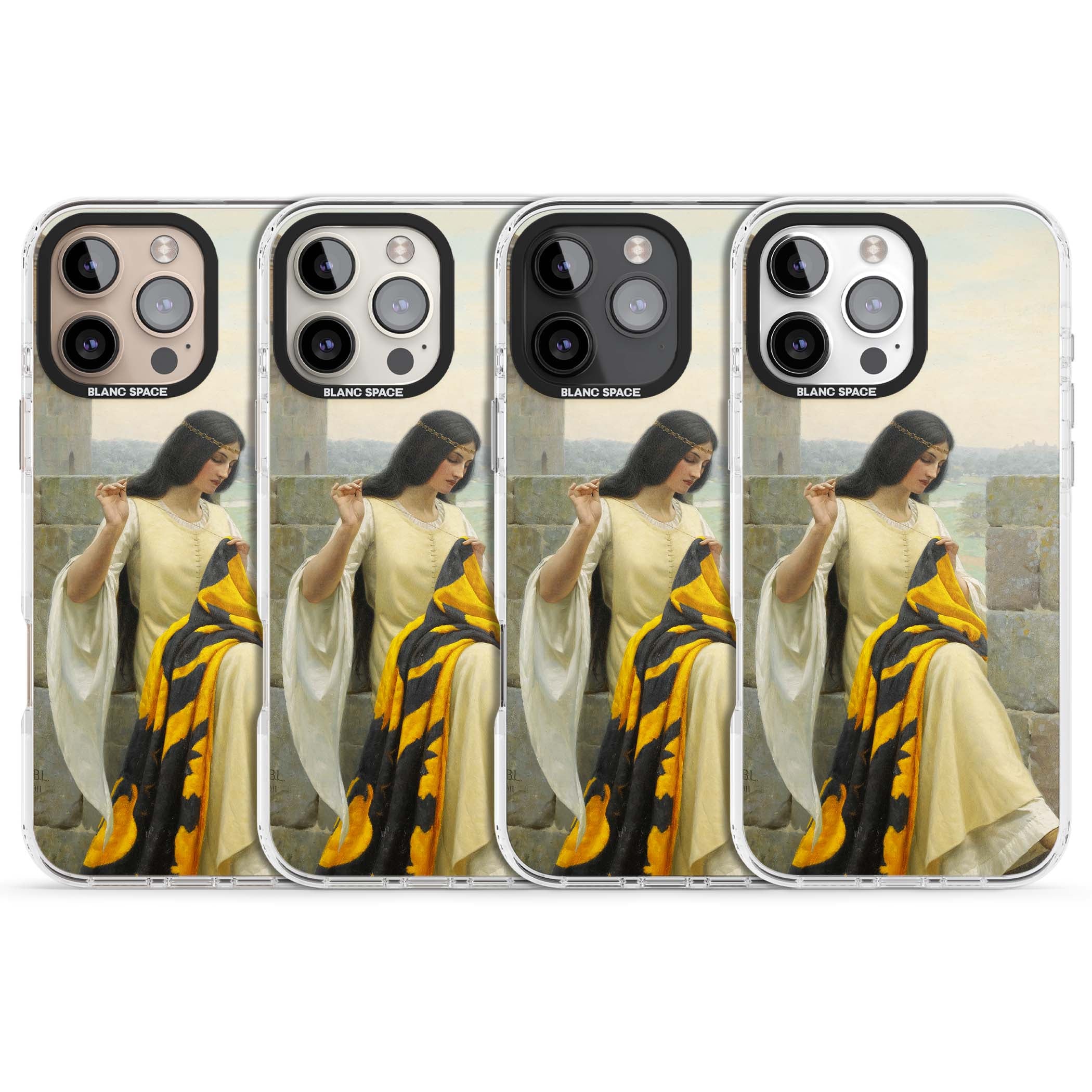 Stitching the Standard renaissance art iPhone case featuring a medieval lady sewing a golden banner on a castle wall | Impact Magsafe case for iPhone 16 Pro, iPhone 16 Pro Max