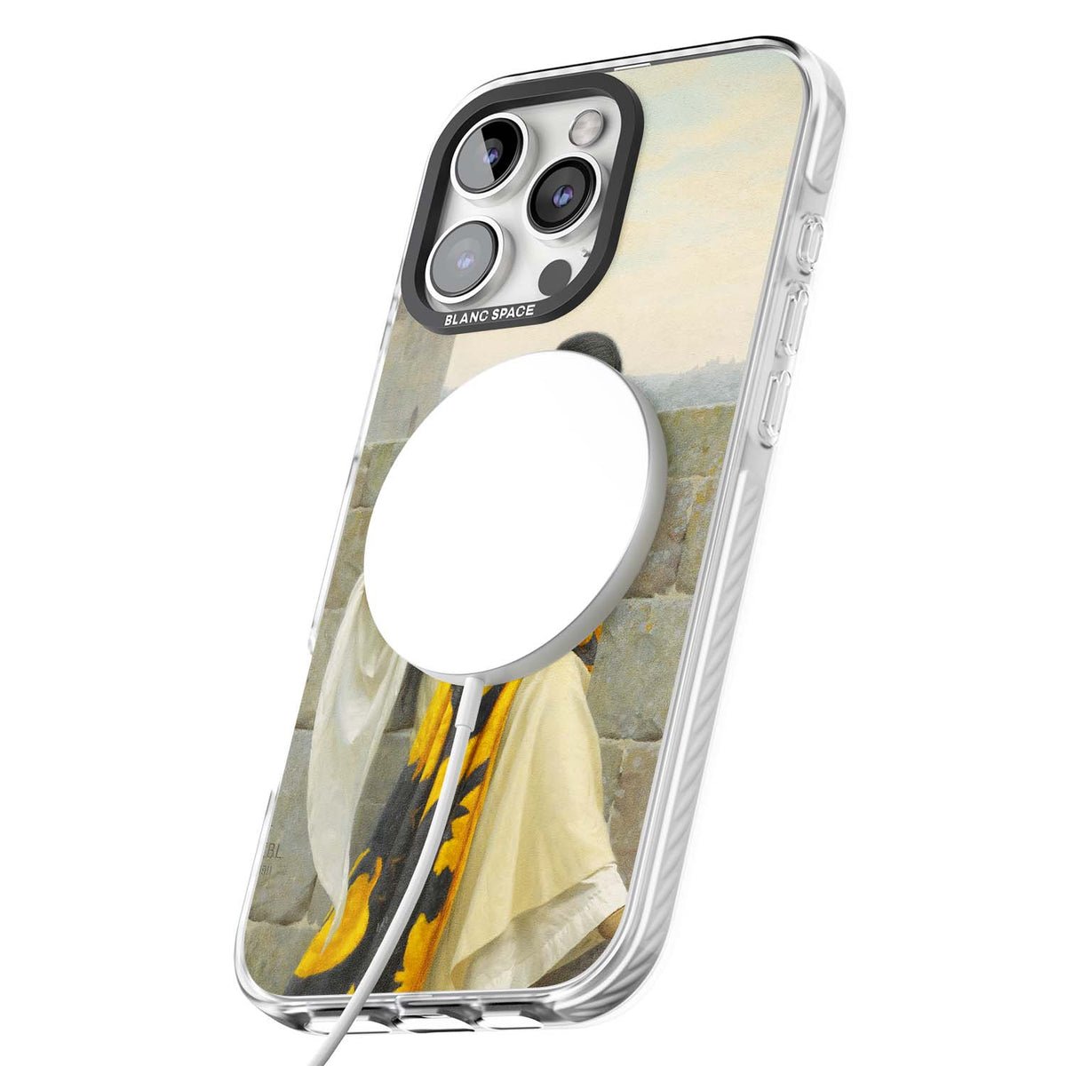 Stitching the Standard renaissance art iPhone case featuring a medieval lady sewing a golden banner on a castle wall | Impact Magsafe case for iPhone 16 Pro, iPhone 16 Pro Max