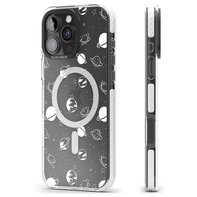 iPhone 16 Pro Max White Planets on Clear Black Impact Phone Case