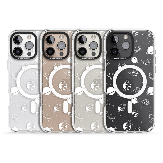 iPhone 16 Pro Max White Planets on Clear Black Impact Phone Case