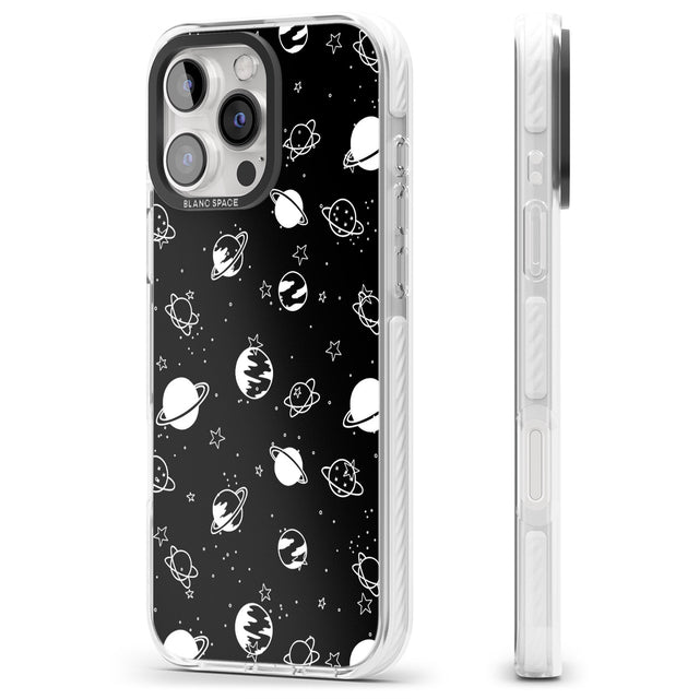 iPhone 16 Pro Max White Planets on Black Black Impact Phone Case